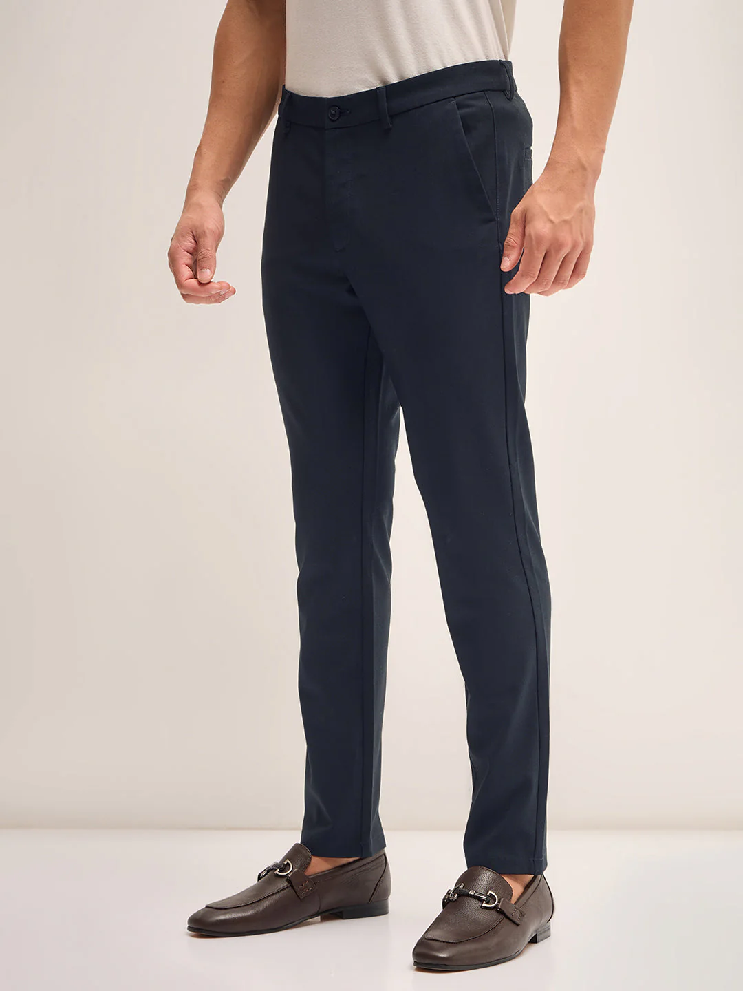 Men Navy Solid 4 Way Stretch Formal Trouser - Image 2