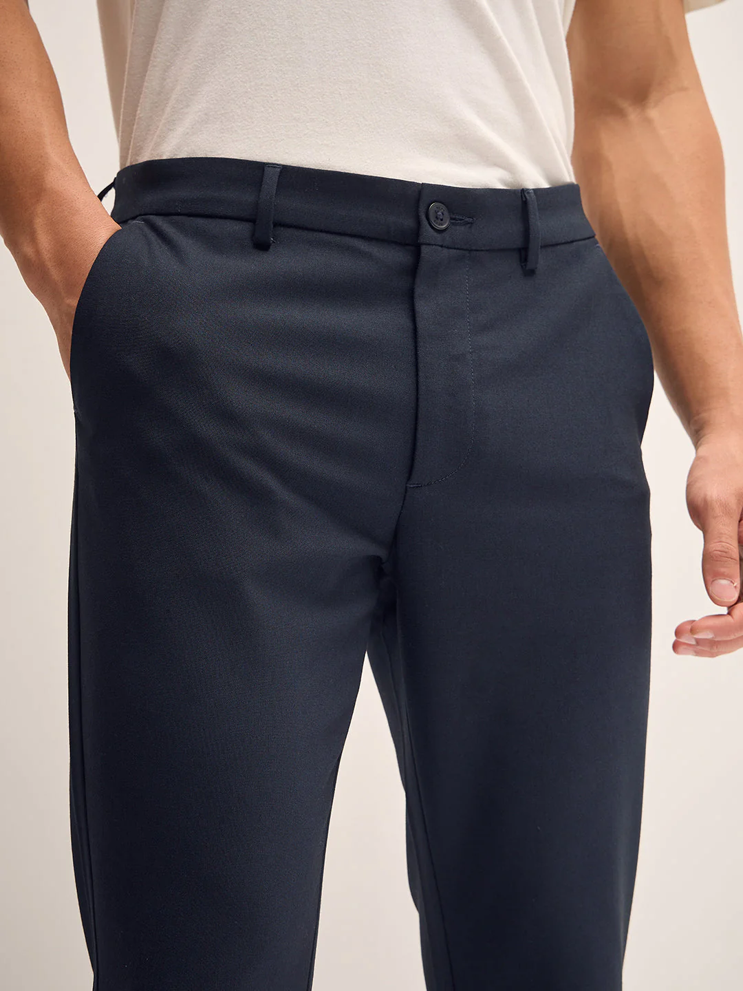 Men Navy Solid 4 Way Stretch Formal Trouser - Image 5