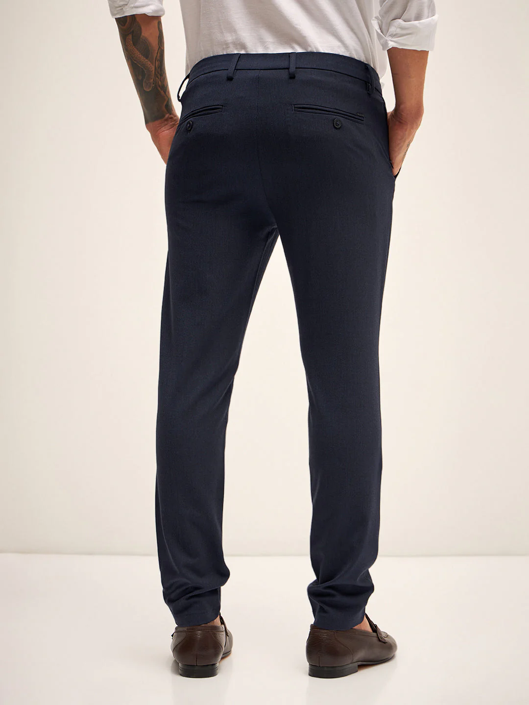 Men Navy Solid 4 Way Stretch Formal Trouser - Image 2