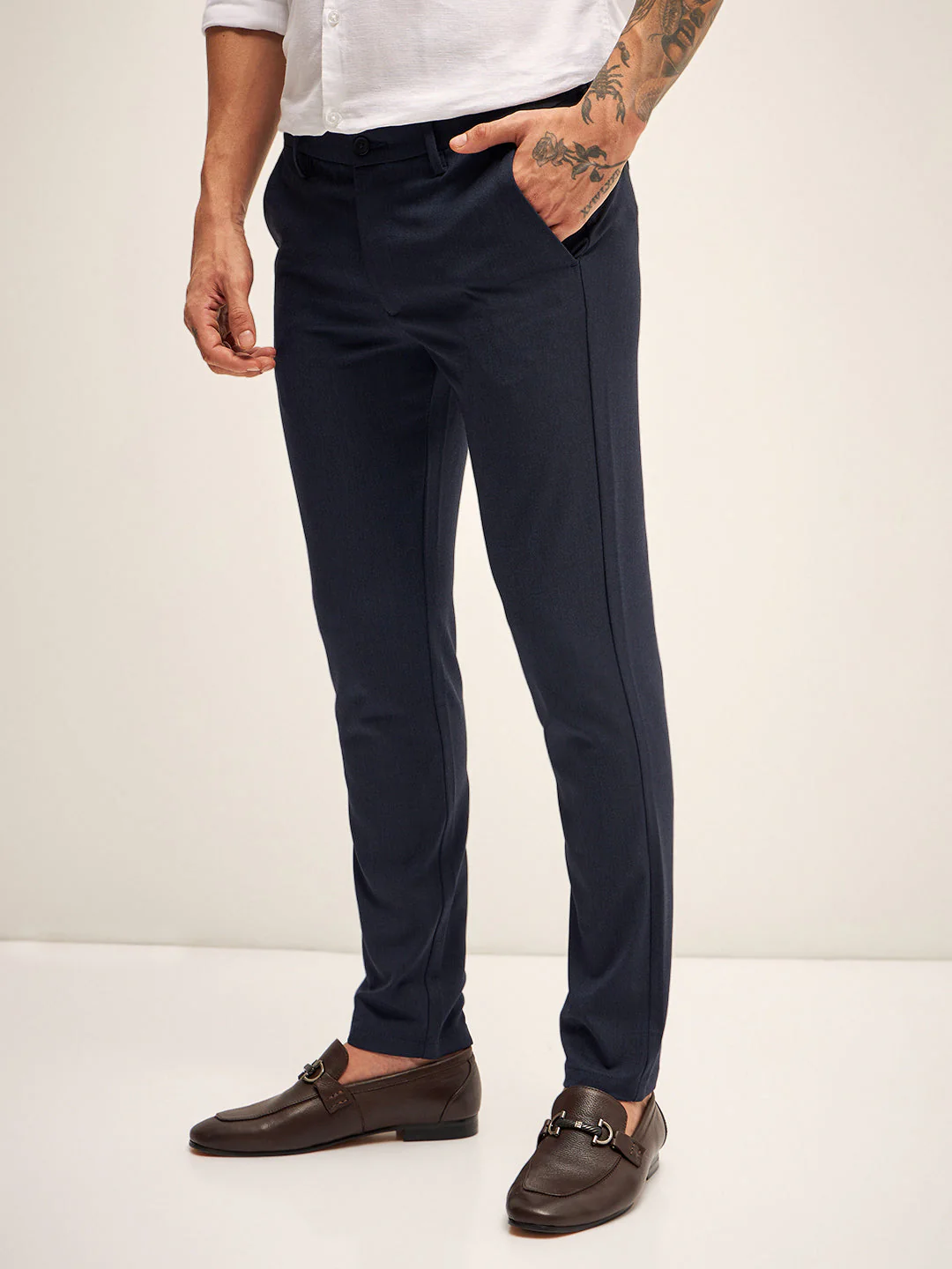 Men Navy Solid 4 Way Stretch Formal Trouser - Image 3