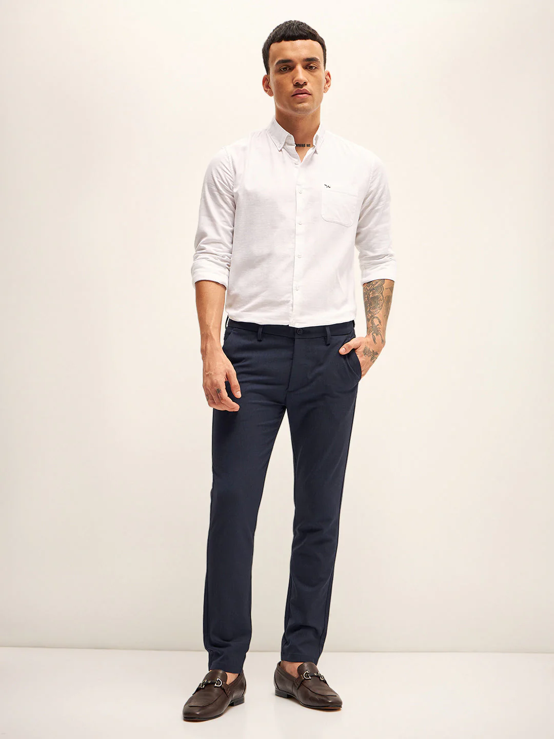 Men Navy Solid 4 Way Stretch Formal Trouser - Image 4
