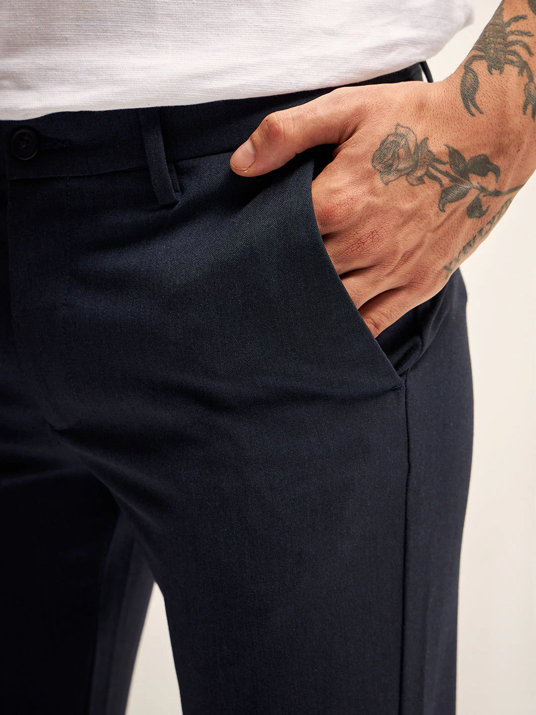 Men Navy Solid 4 Way Stretch Formal Trouser - Image 6