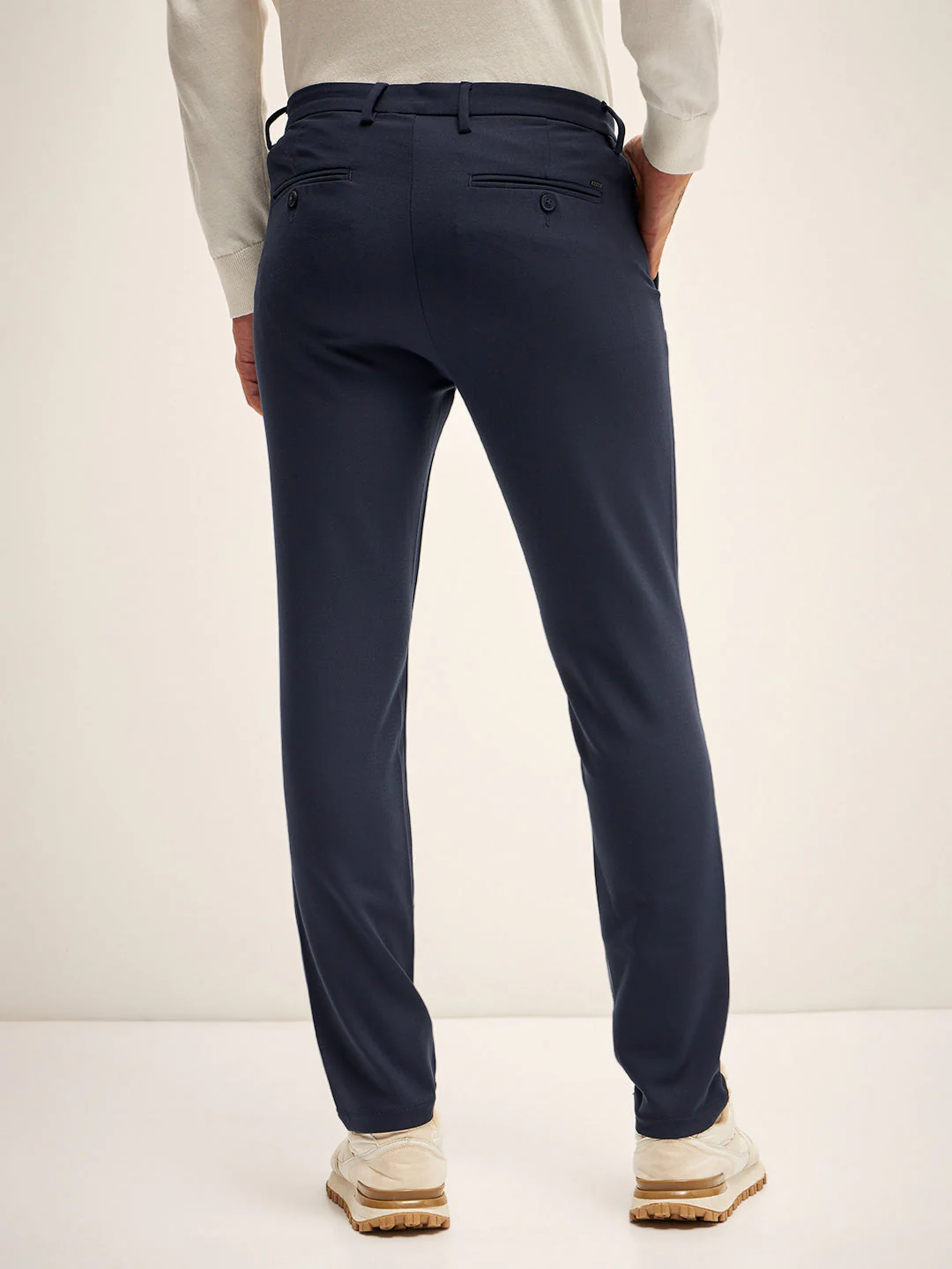 Men Navy Solid 4 Way Stretch Formal Trouser - Image 2