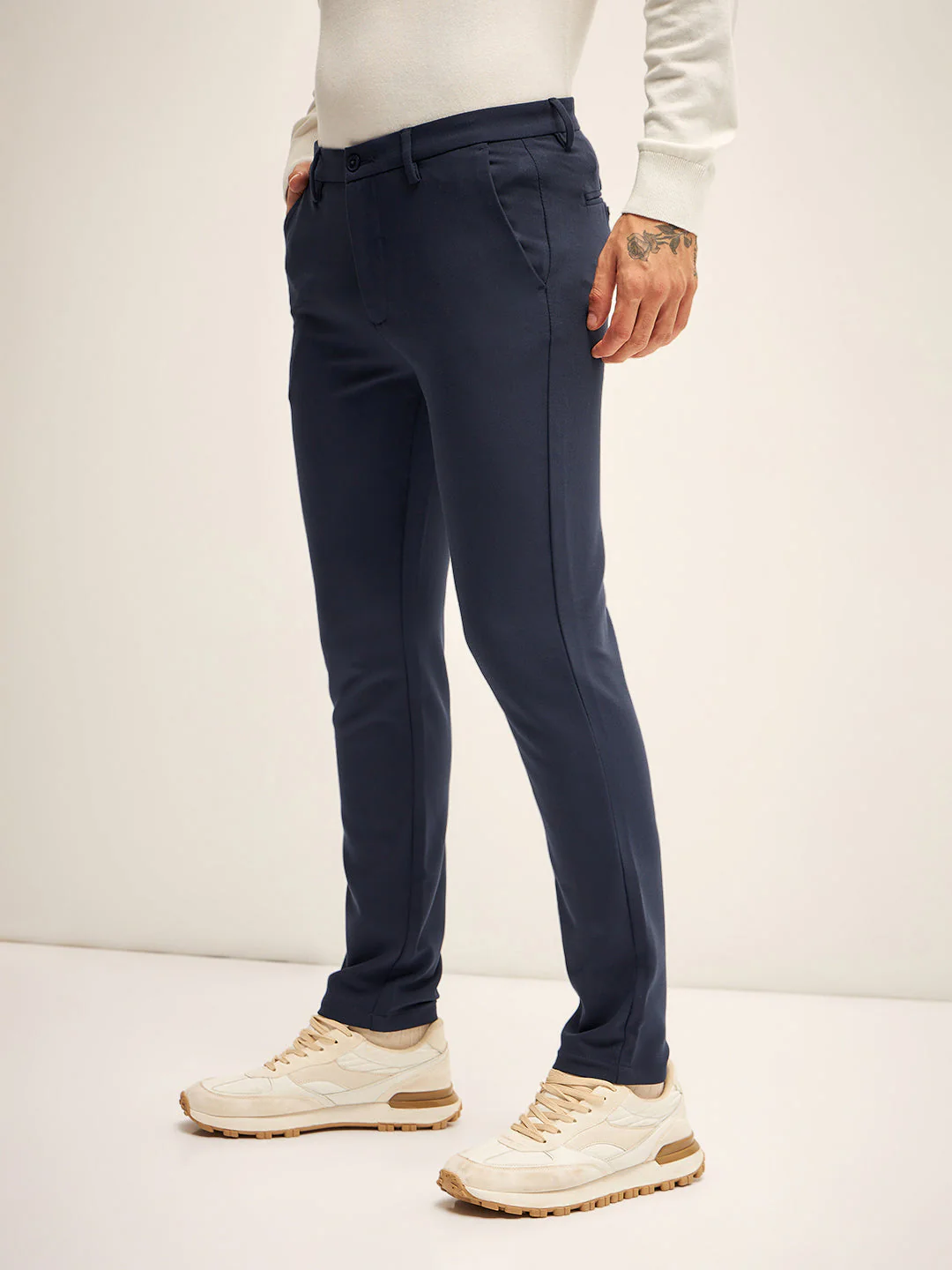Men Navy Solid 4 Way Stretch Formal Trouser - Image 3