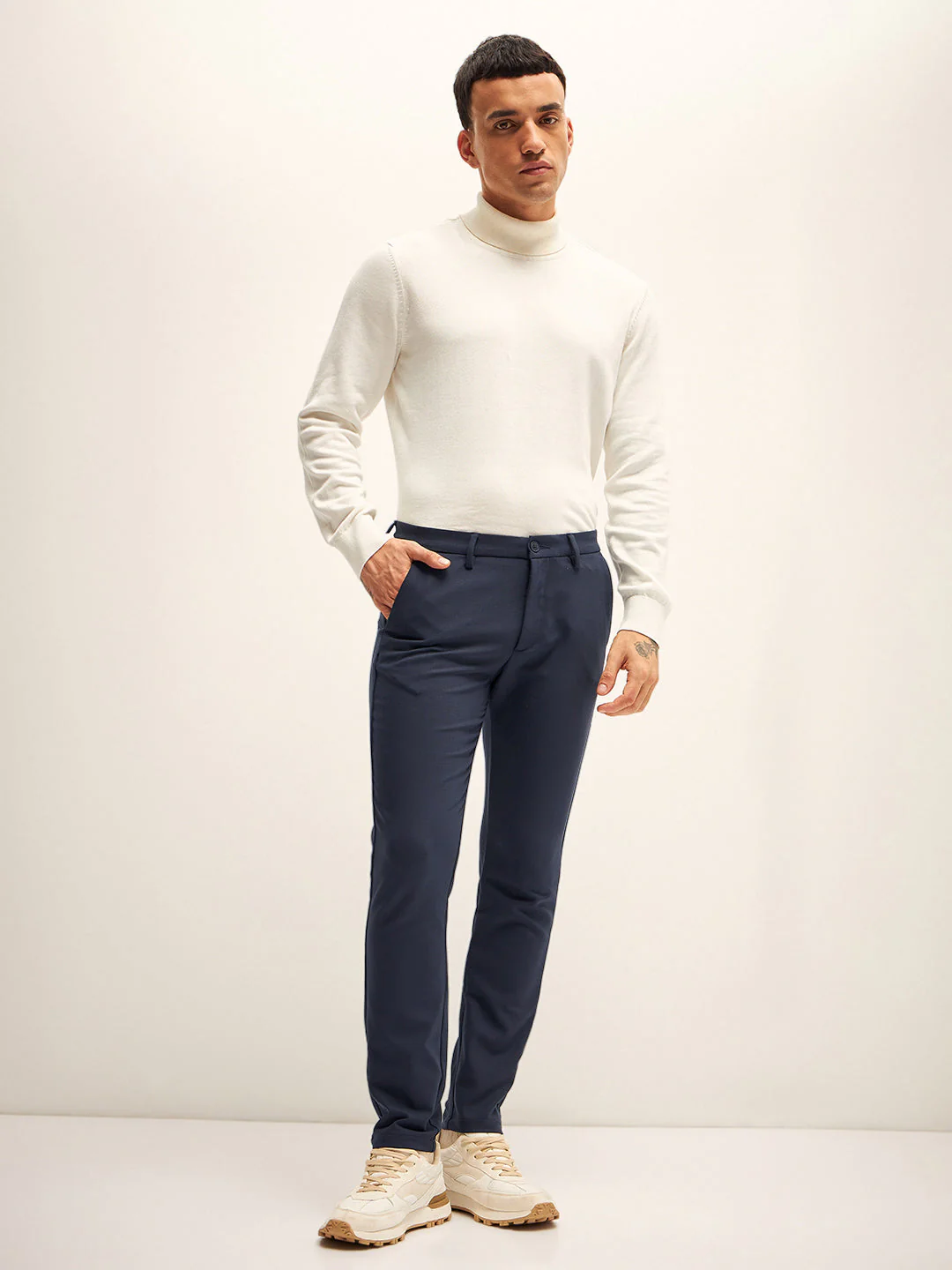 Men Navy Solid 4 Way Stretch Formal Trouser - Image 4