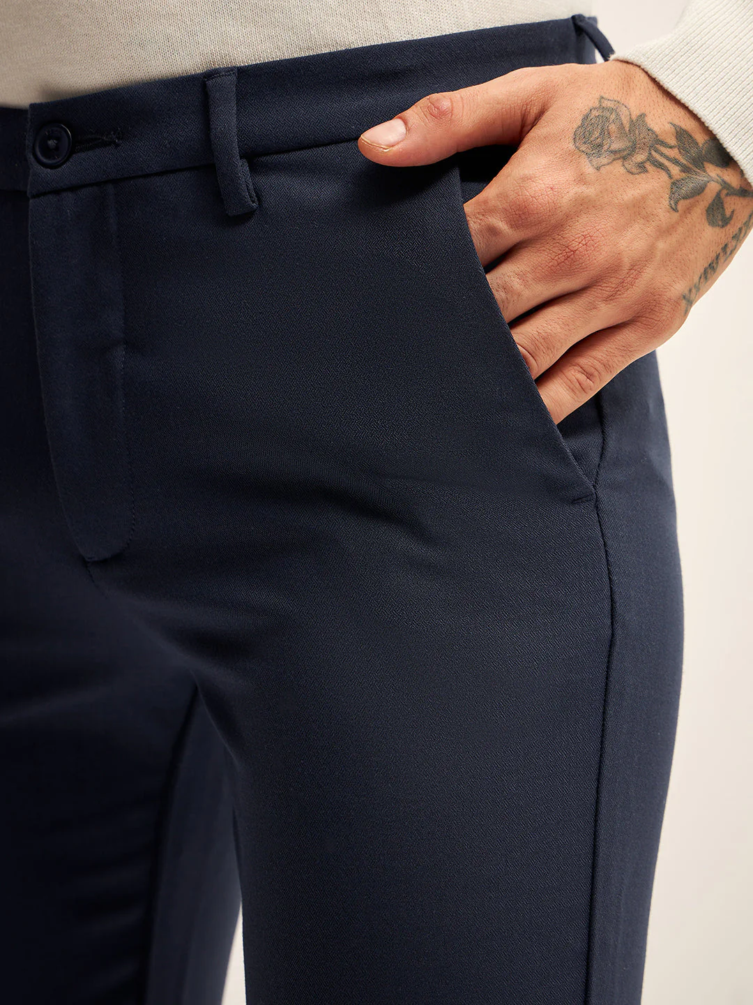 Men Navy Solid 4 Way Stretch Formal Trouser - Image 5