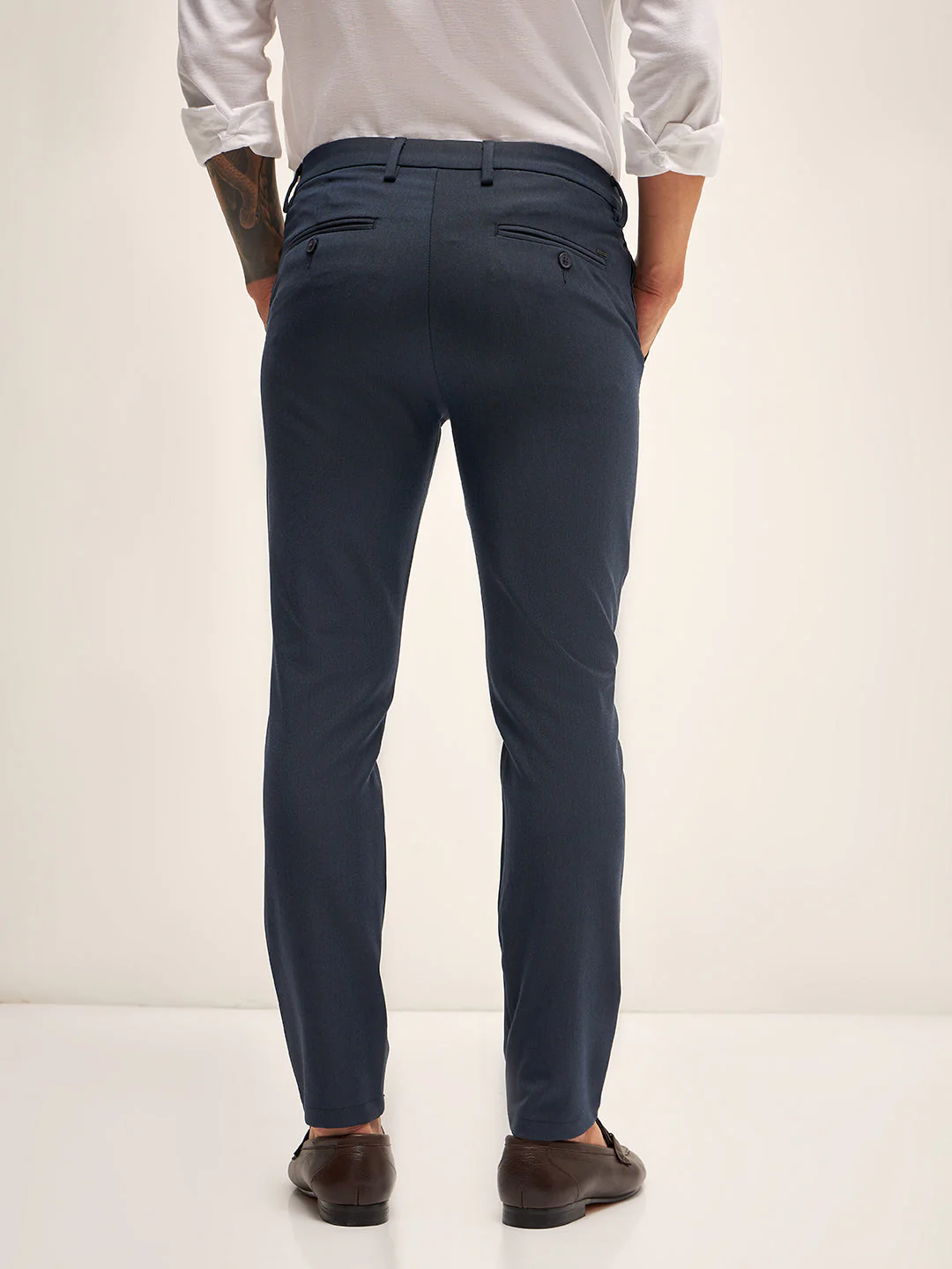 Men Navy Solid 4 Way Stretch Formal Trouser - Image 2