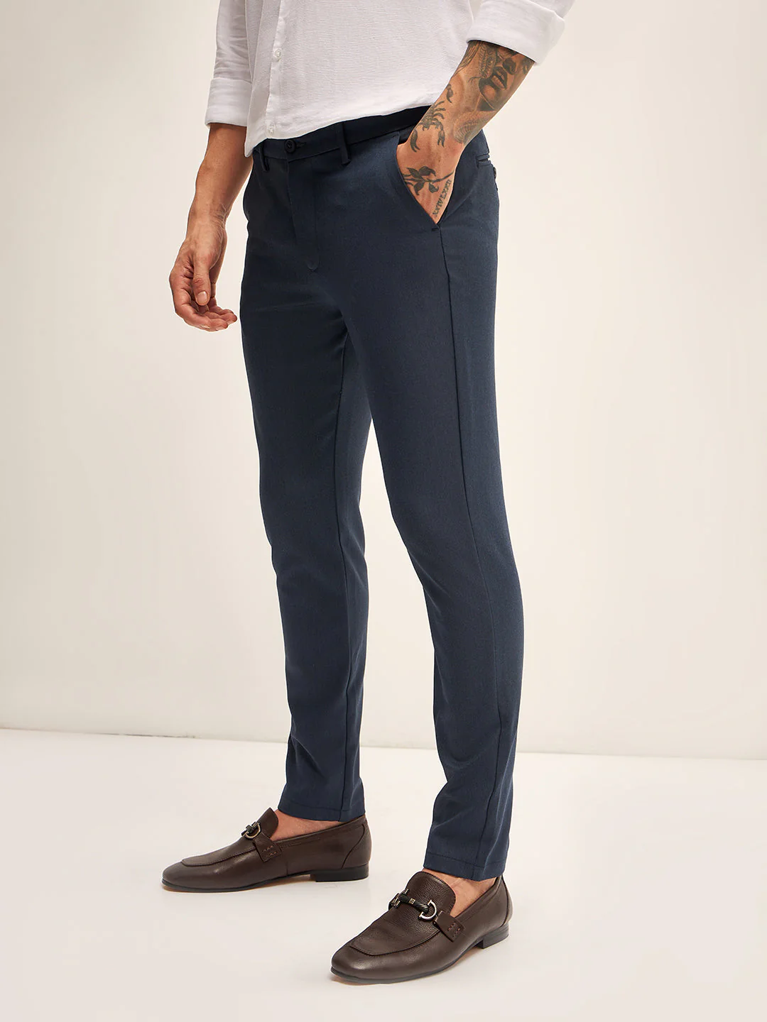 Men Navy Solid 4 Way Stretch Formal Trouser - Image 3