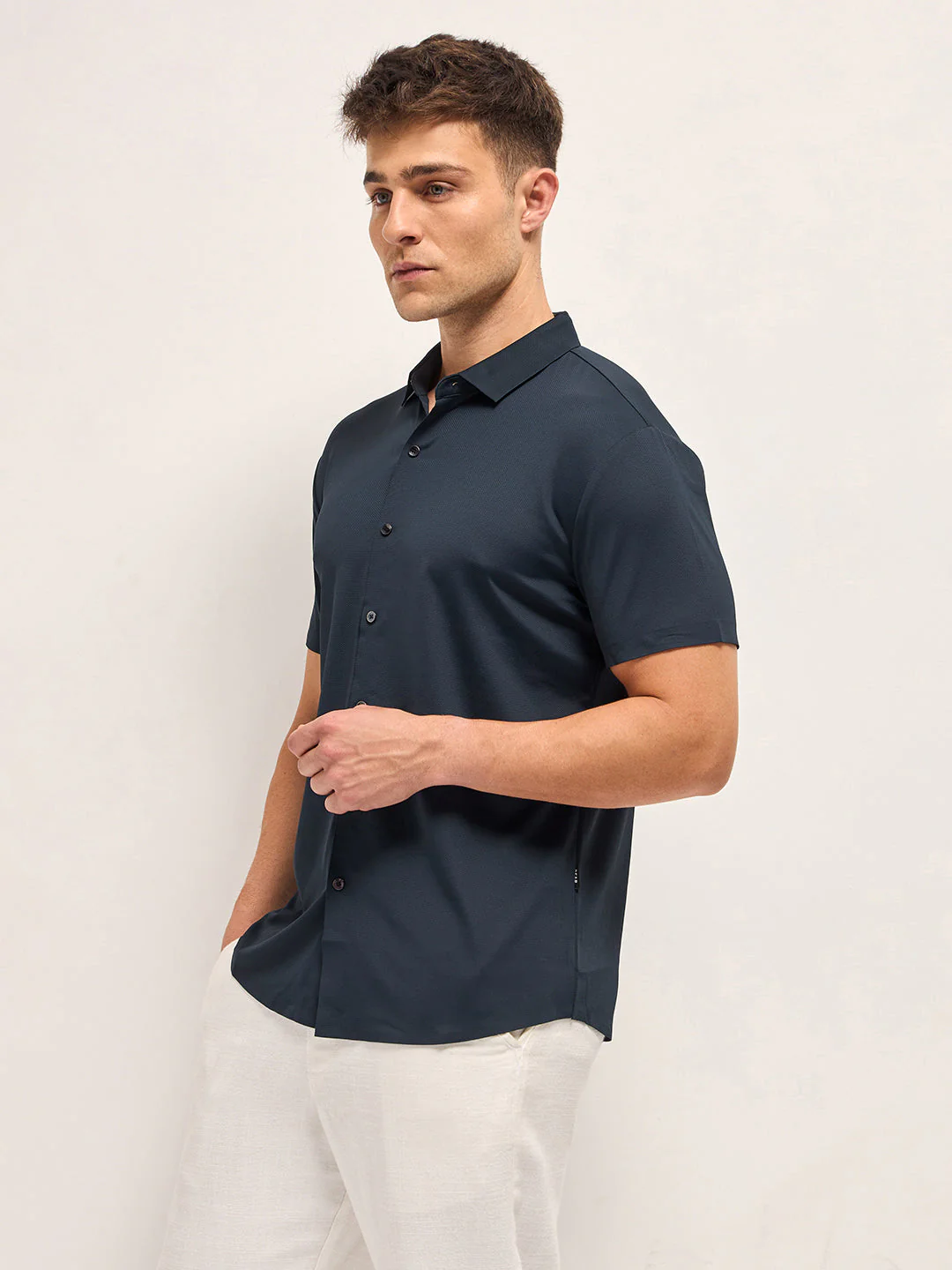 Men Navy Solid Nylon Blend Classic Spread Collar Shirt - Image 3