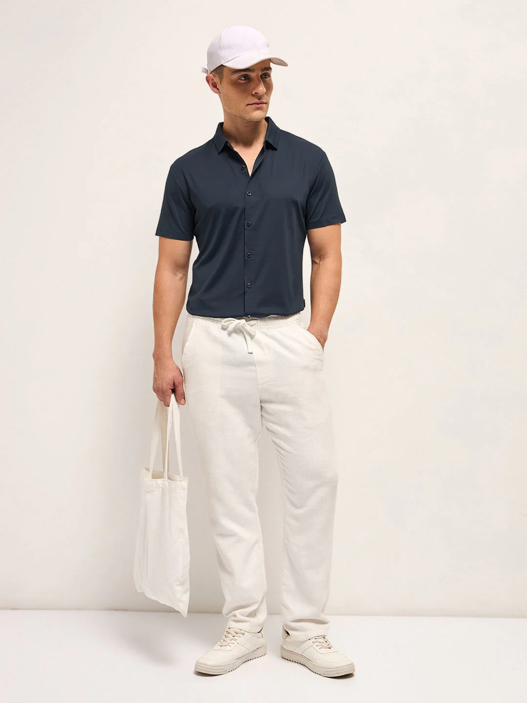 Men Navy Solid Nylon Blend Classic Spread Collar Shirt - Image 4