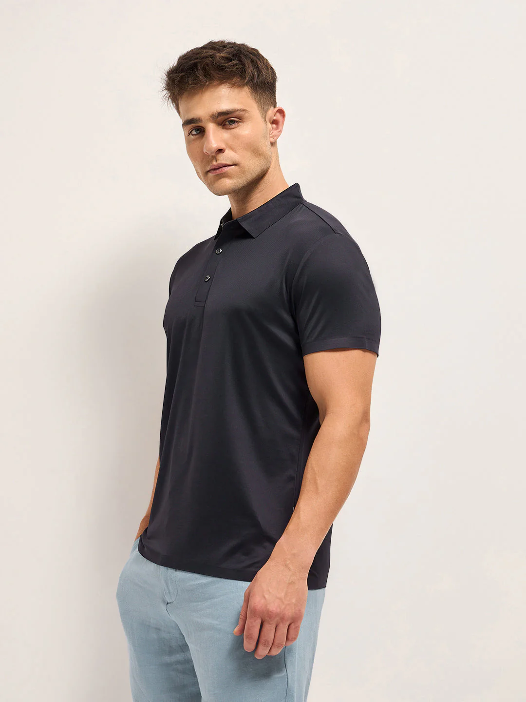 Men Navy Solid Regular Fit Polo T-shirt - Image 3