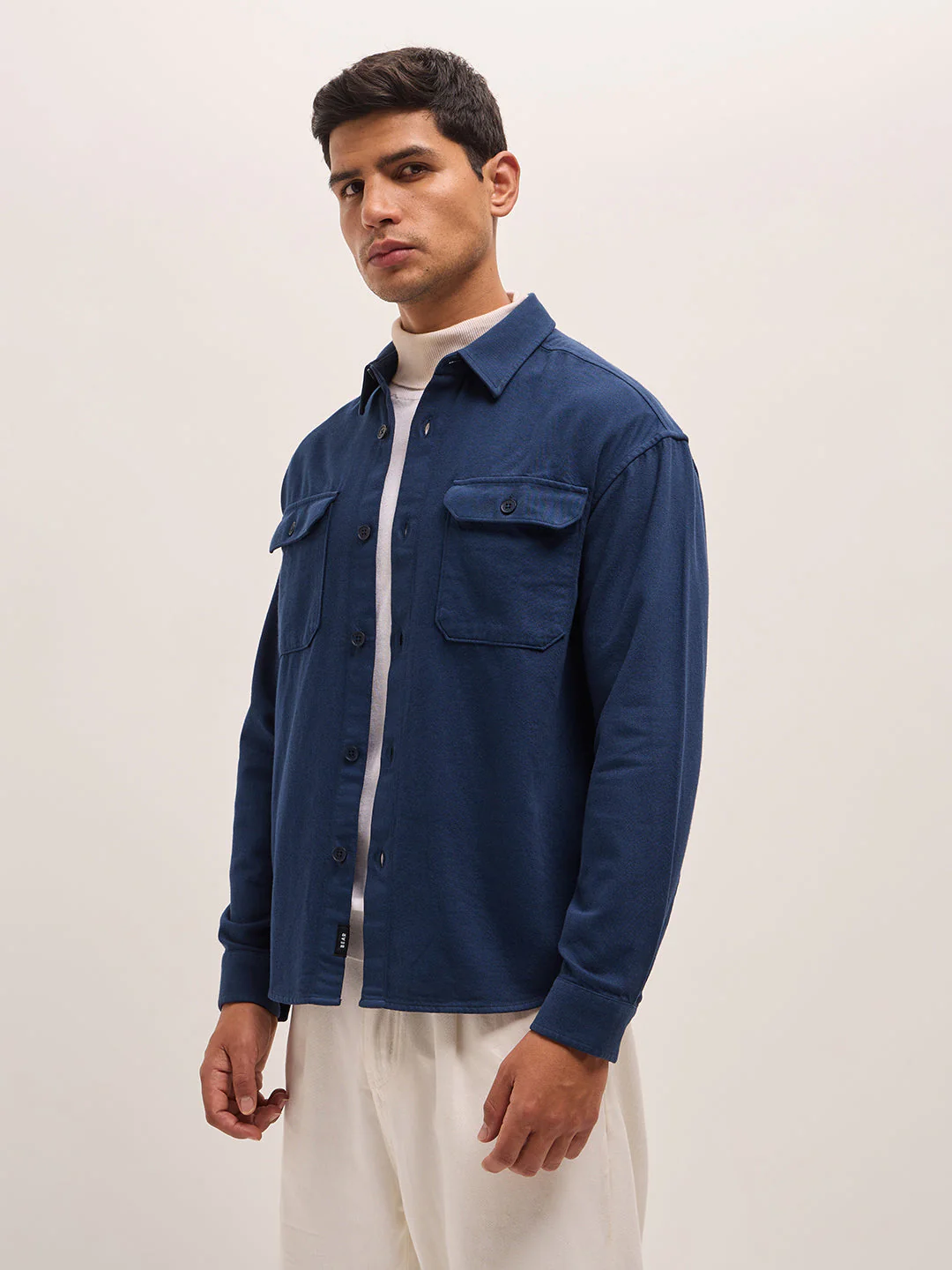 Men Navy Solid Relax Fit Overshirt - Image 3
