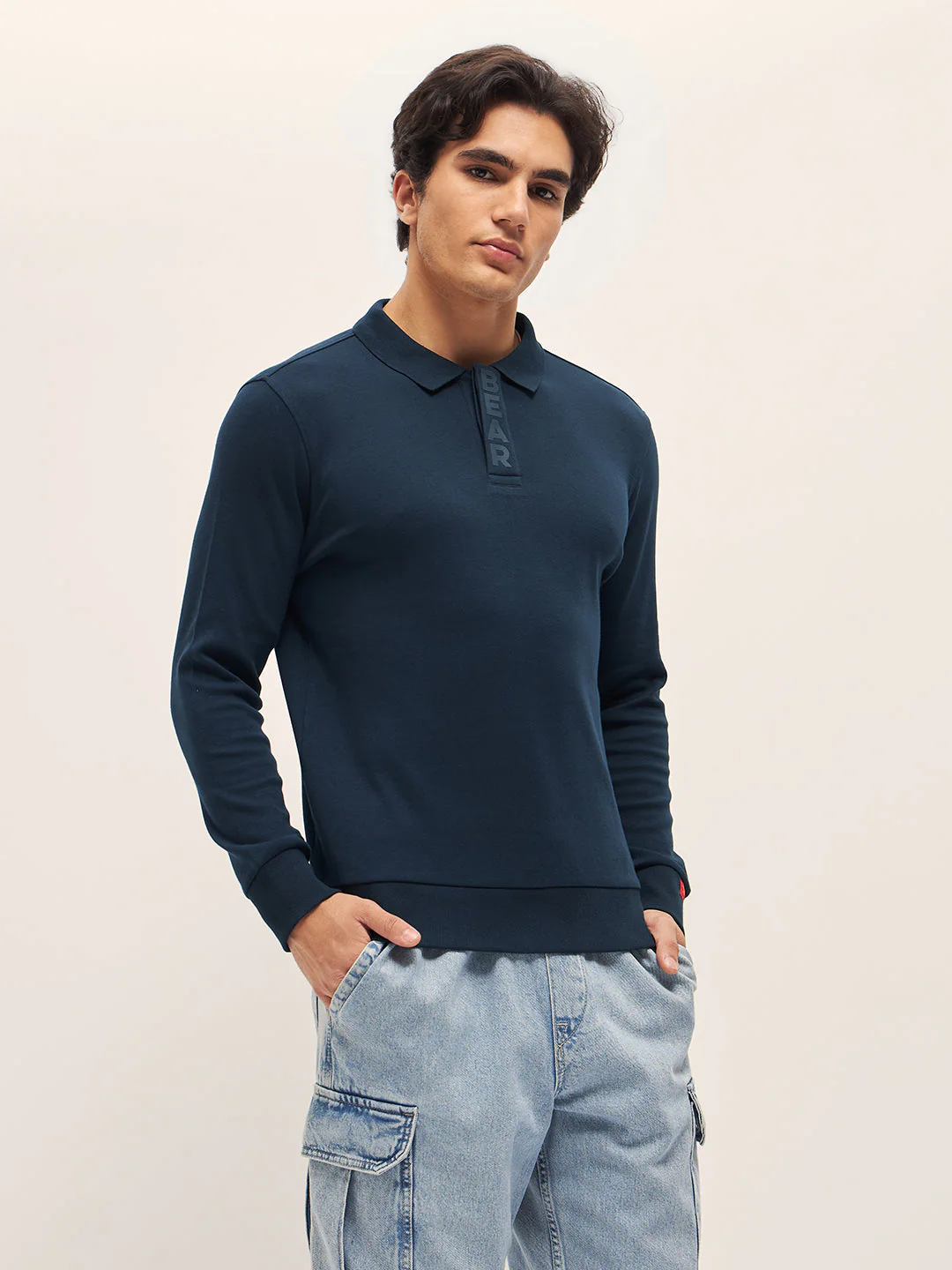 Men Navy Solid Slim Fit Polo Collar T-shirt - Image 3
