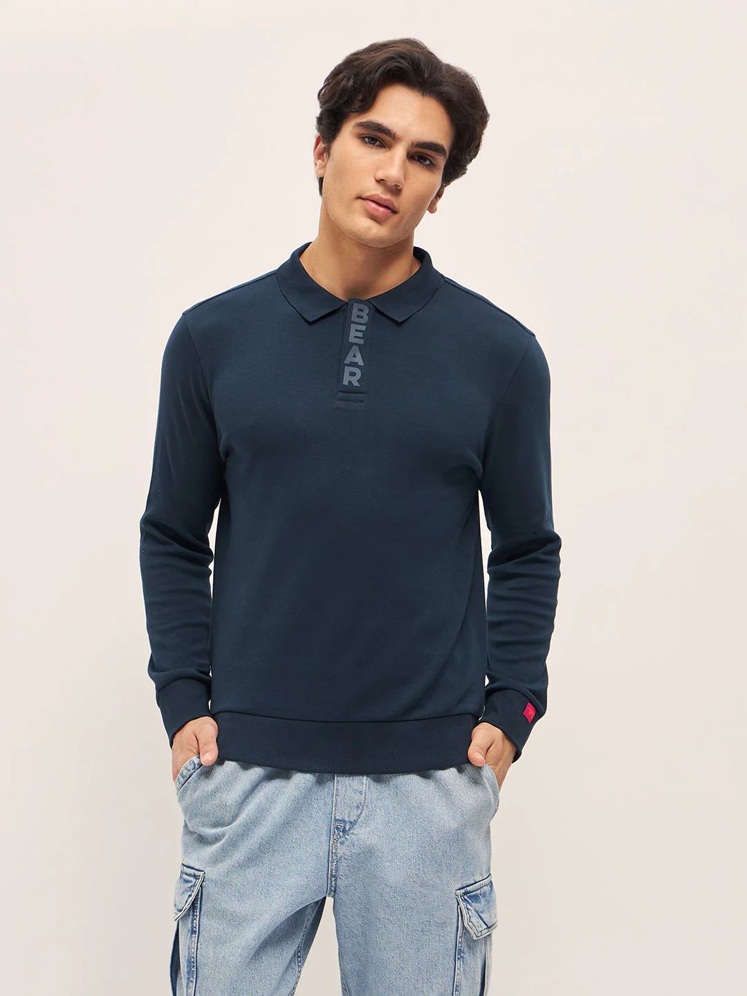 Men Navy Solid Slim Fit Polo Collar T-shirt - Image 6