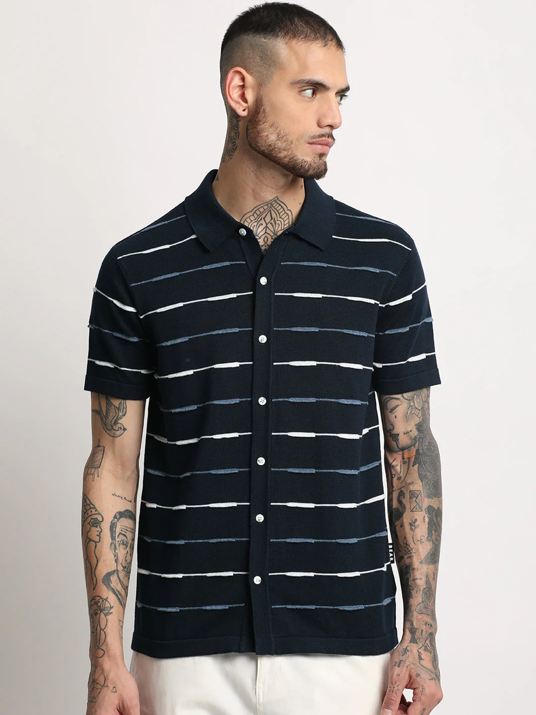 Men  Navy Stripe Knit Front Open Polo T-Shirt - Image 2