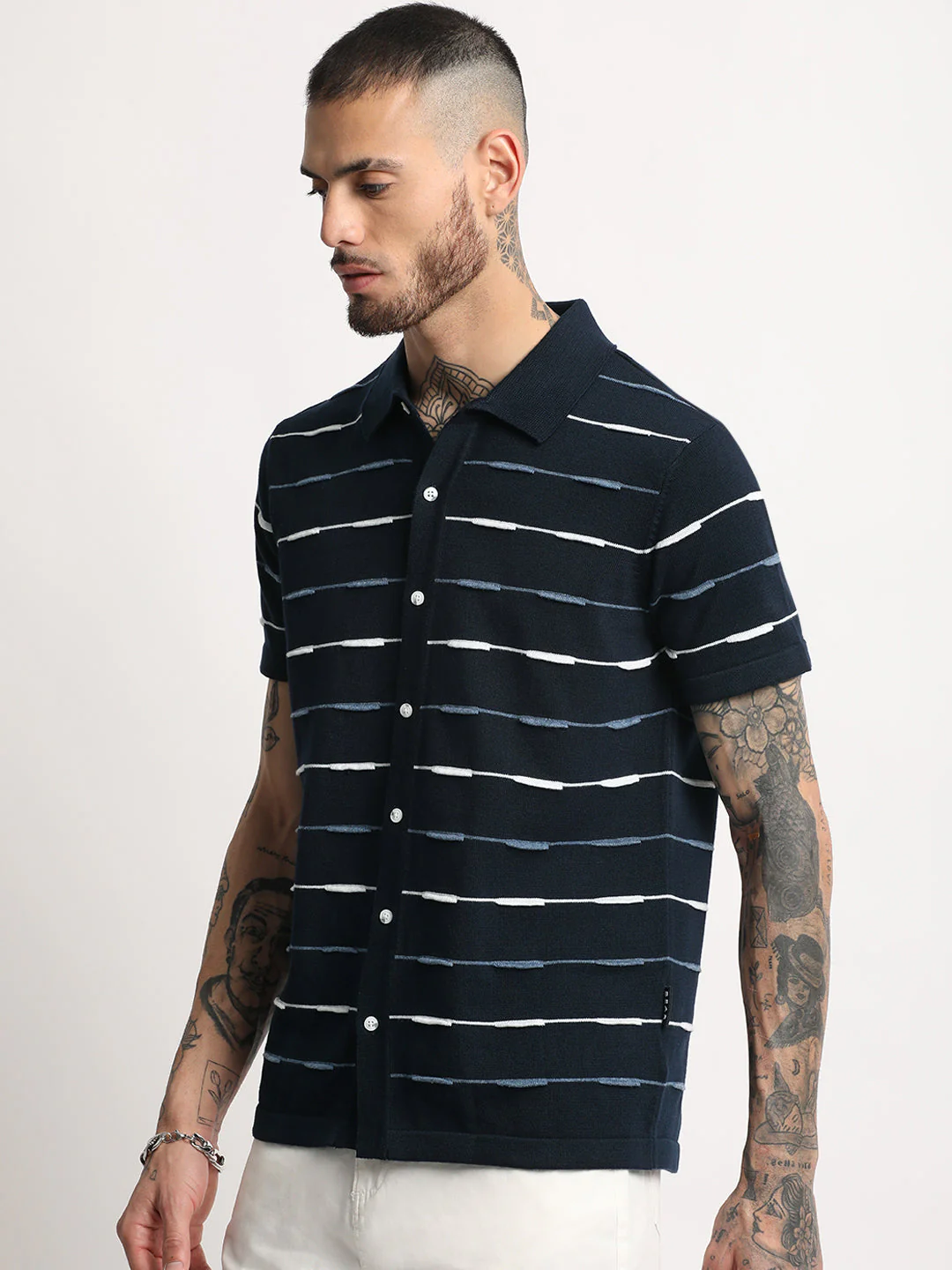 Men  Navy Stripe Knit Front Open Polo T-Shirt - Image 3