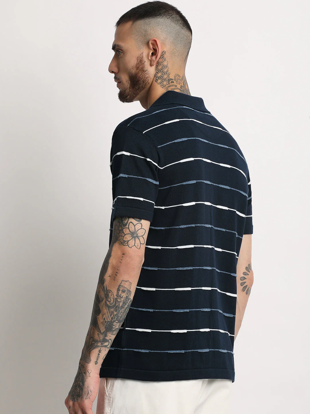 Men  Navy Stripe Knit Front Open Polo T-Shirt - Image 4