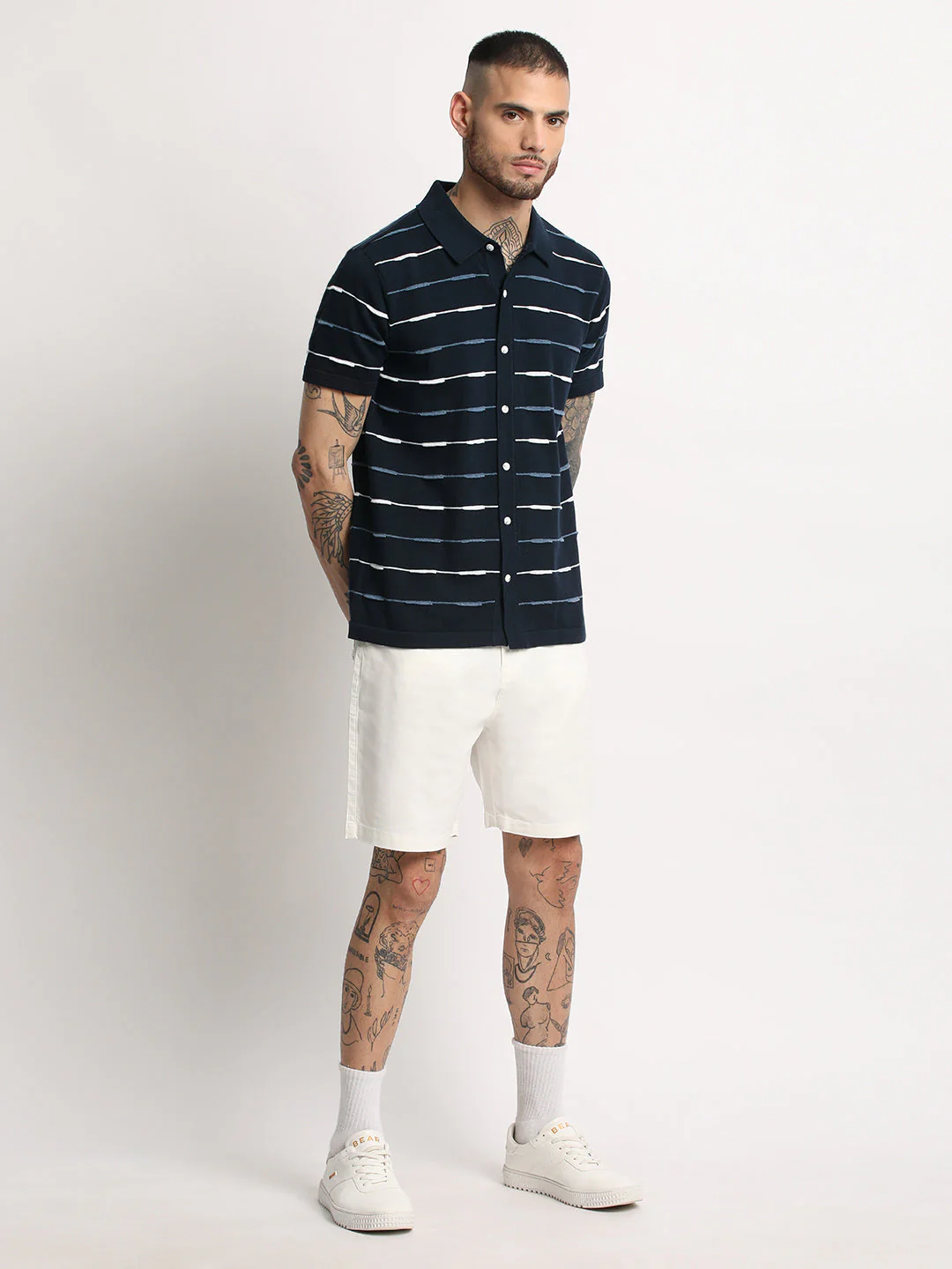 Men  Navy Stripe Knit Front Open Polo T-Shirt - Image 5