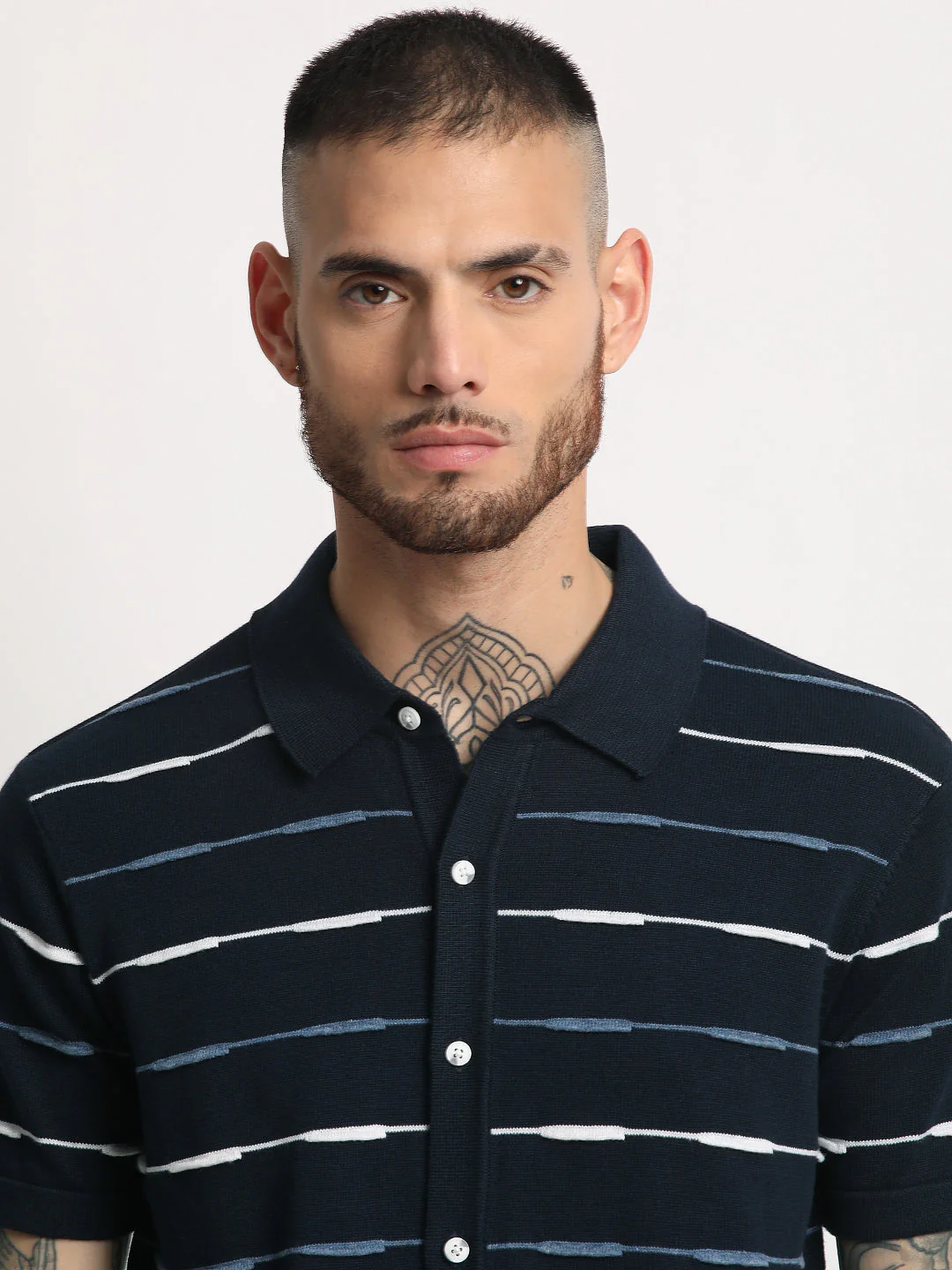 Men  Navy Stripe Knit Front Open Polo T-Shirt - Image 6