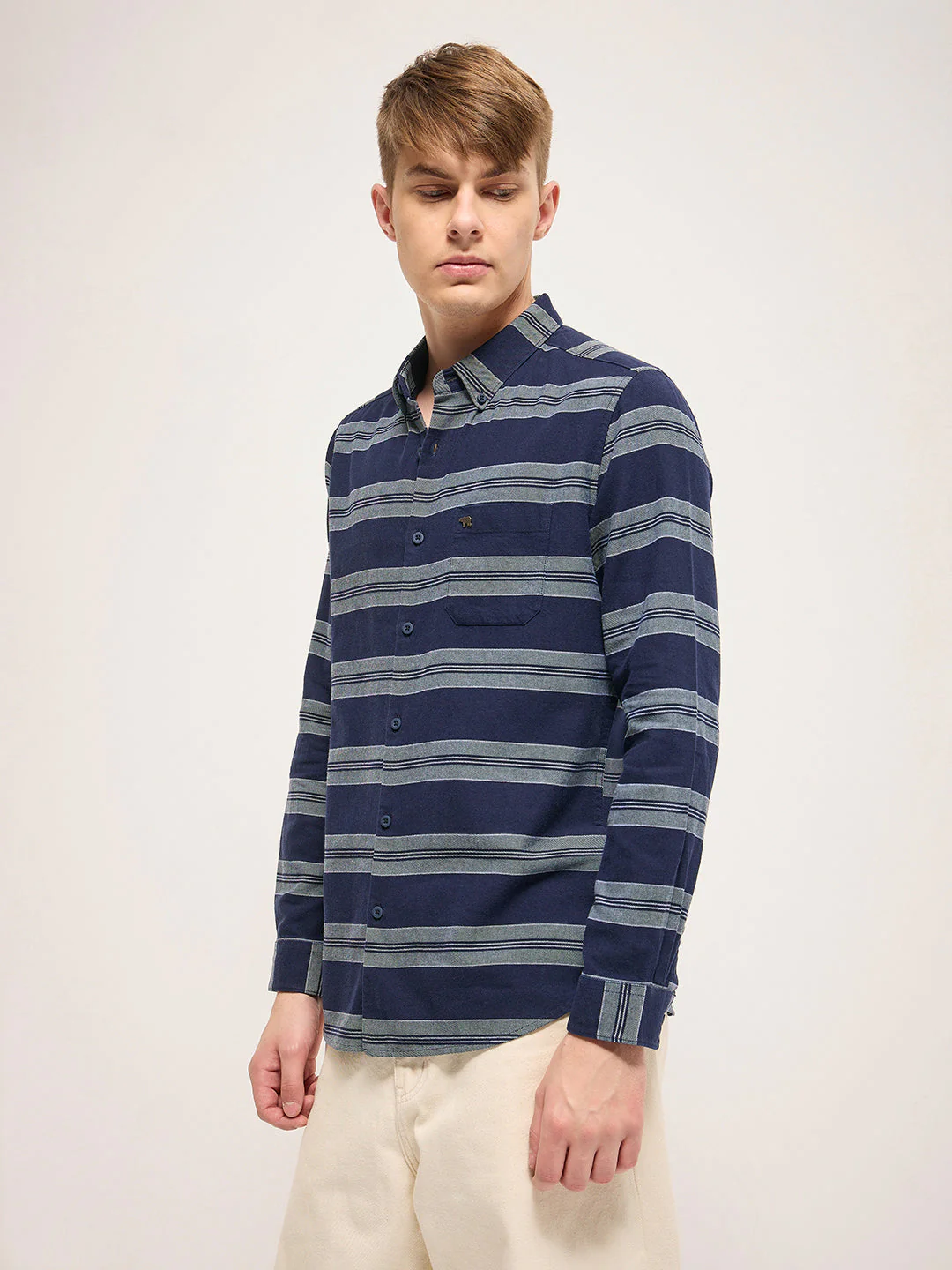 Men Navy Stripe Slim Fit Casual Shirt - Image 3