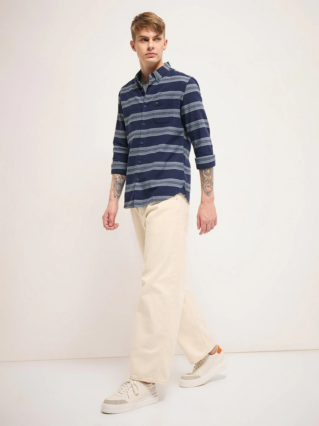 Men Navy Stripe Slim Fit Casual Shirt - Image 5