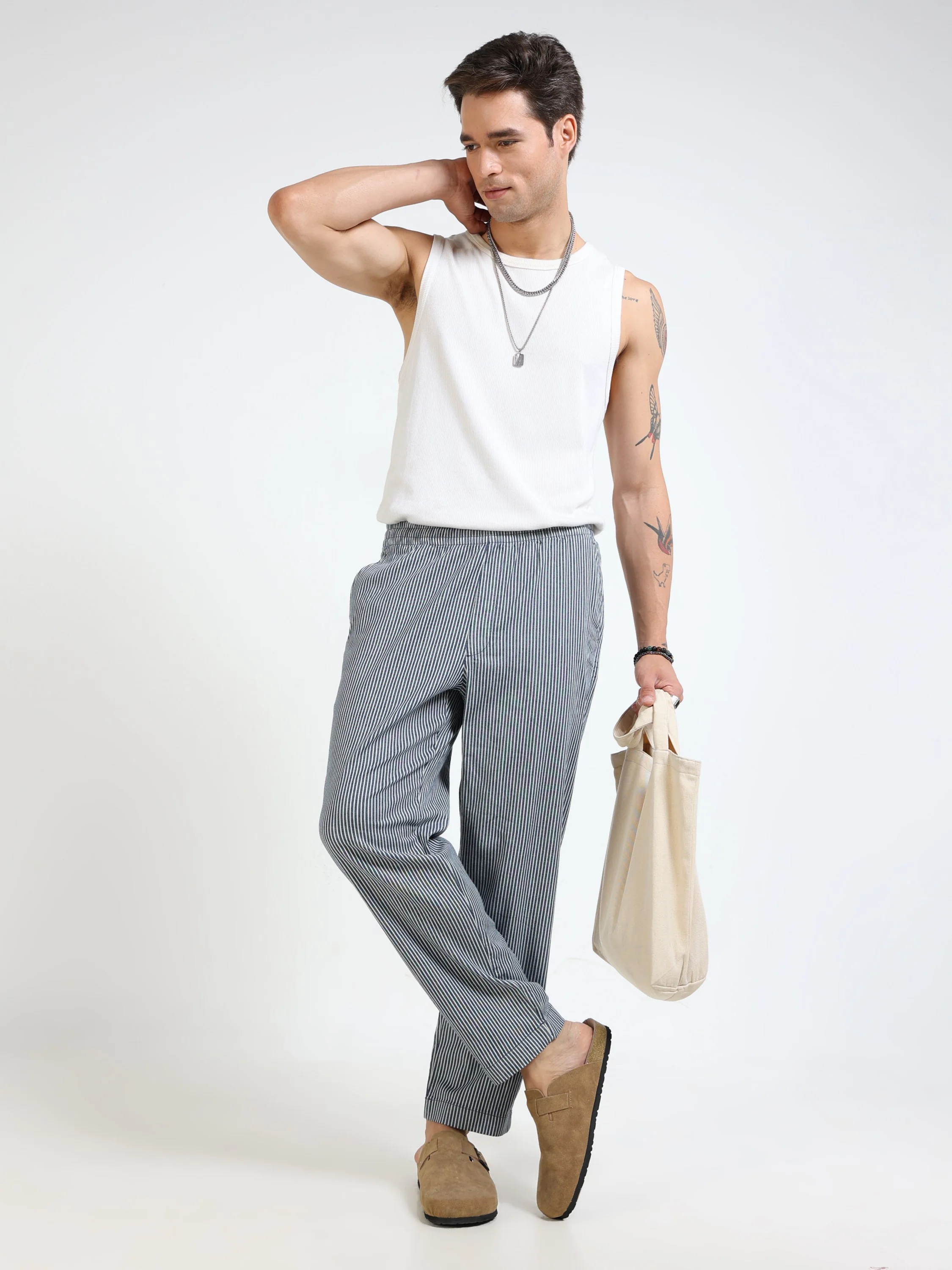 Men Navy Striped Fit Pants - Image 2