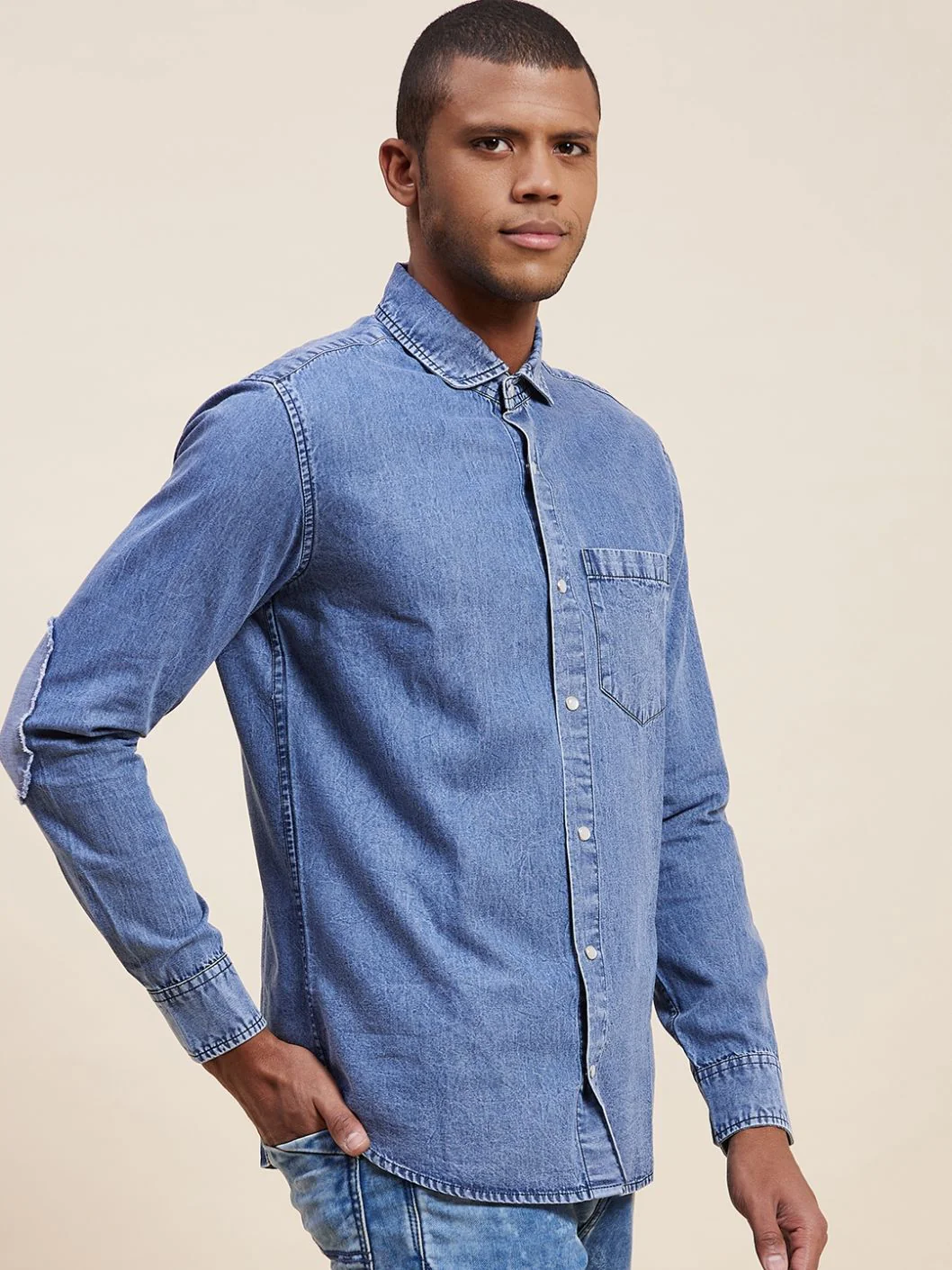 Men Navy Tencel Elbow Patch Shirt - Image 3