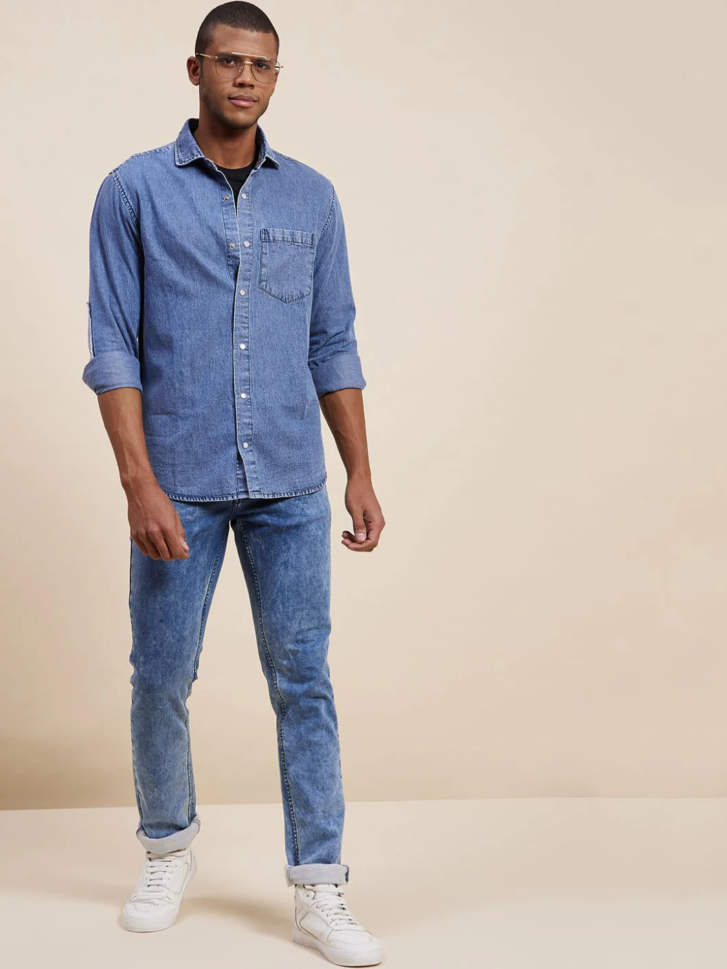 Men Navy Tencel Elbow Patch Shirt - Image 4