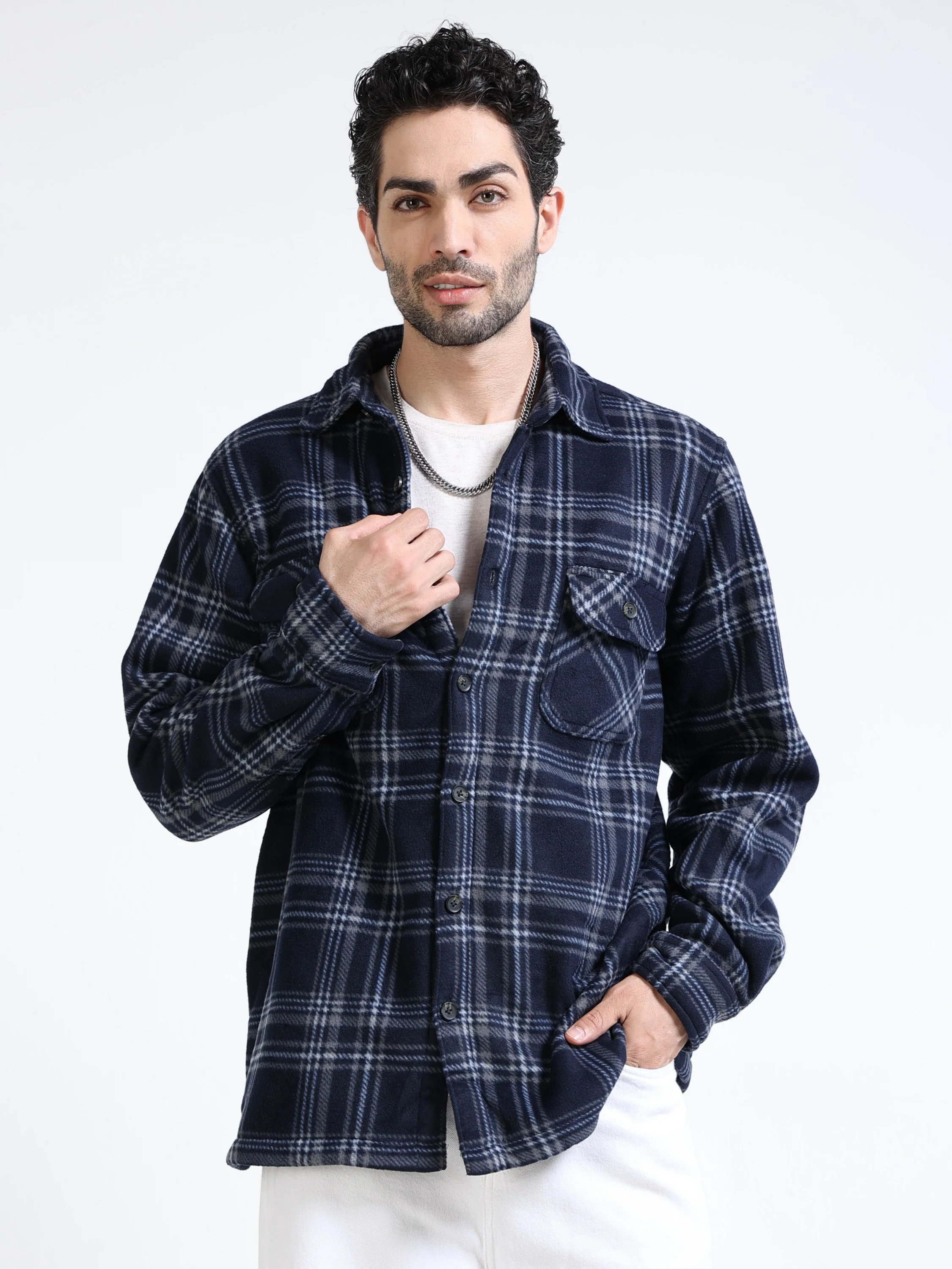 Men Navy Polar Fleece Shacket - Image 2