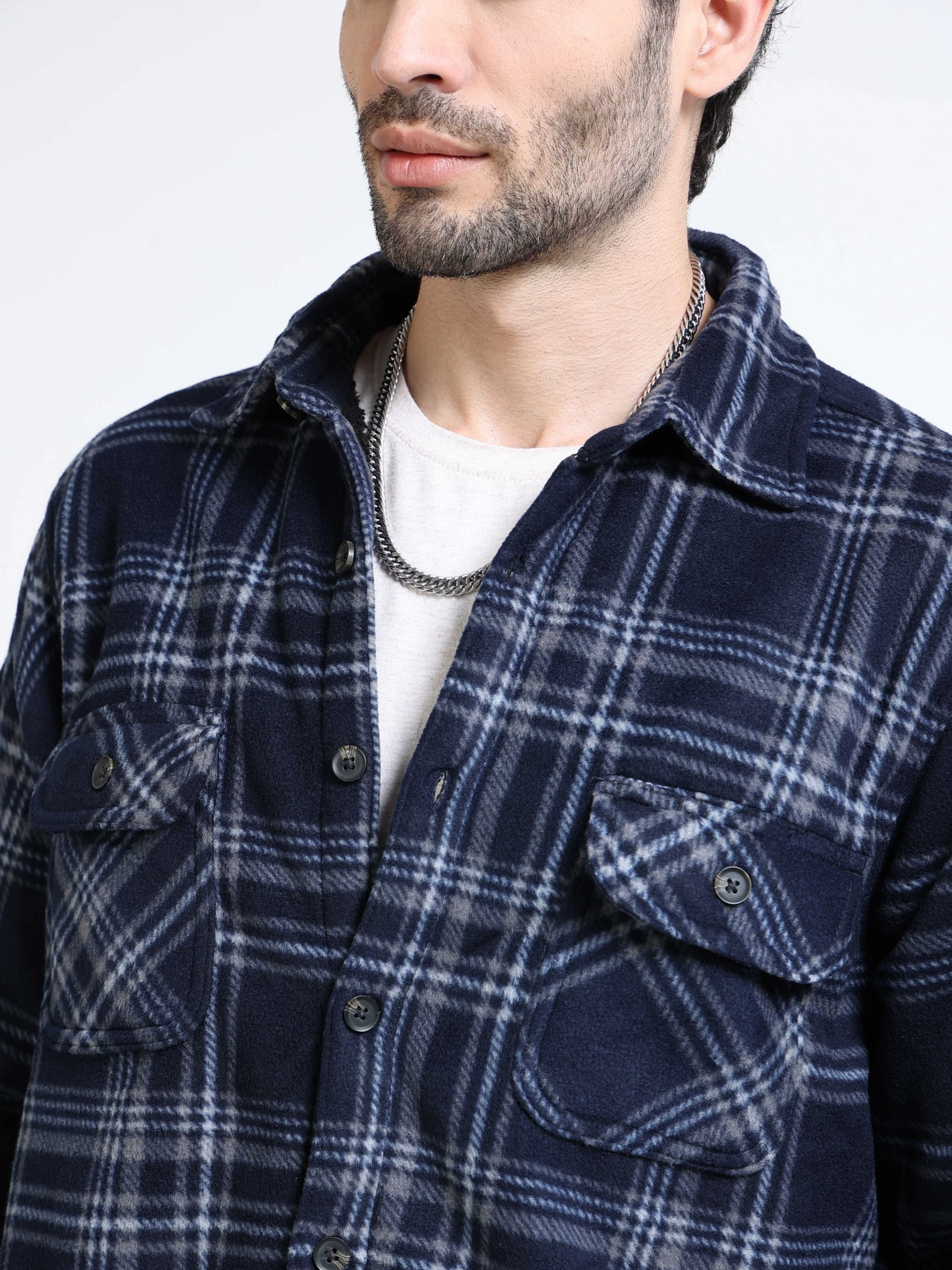 Men Navy Polar Fleece Shacket - Image 4