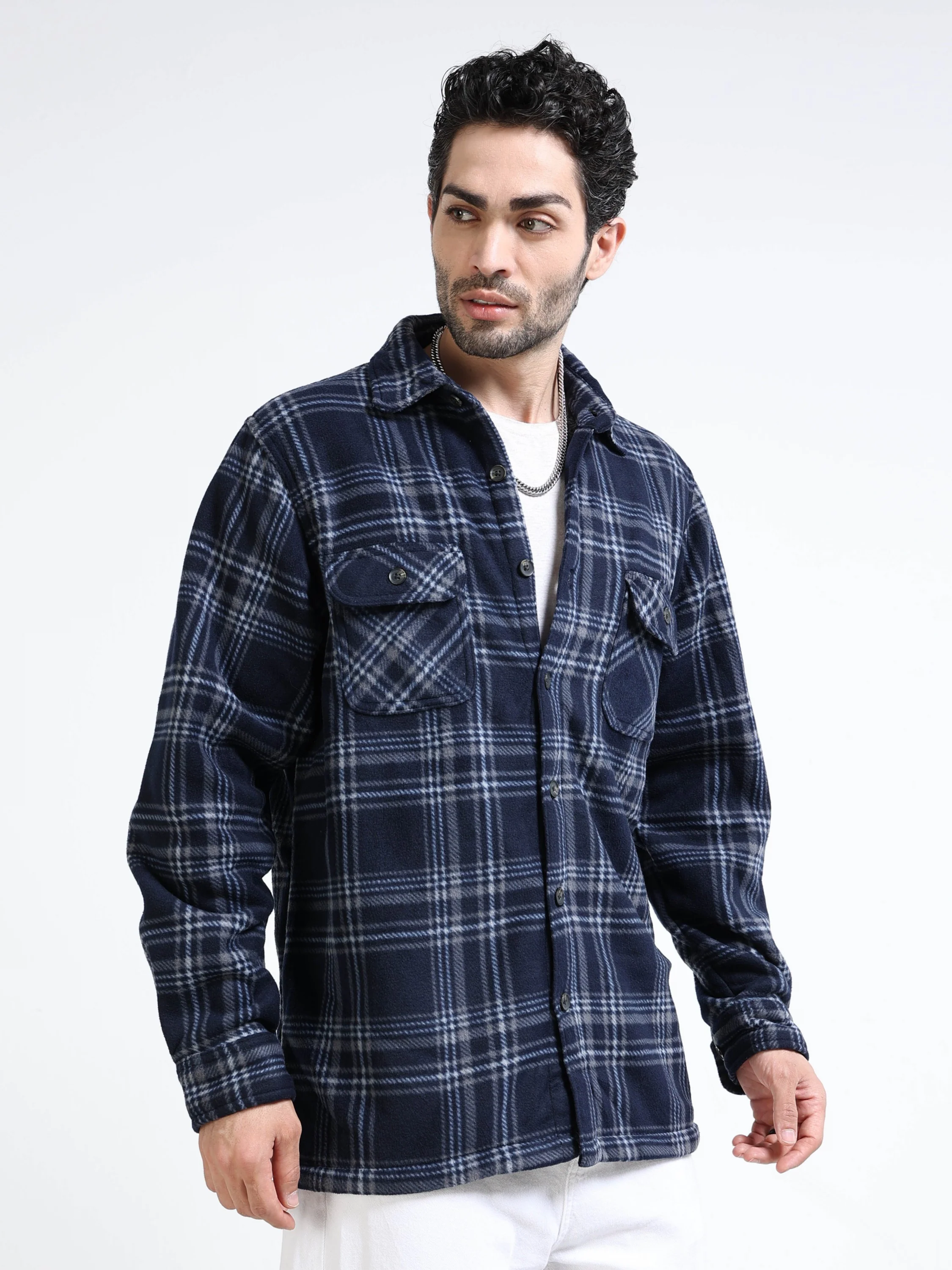 Men Navy Polar Fleece Shacket - Image 5