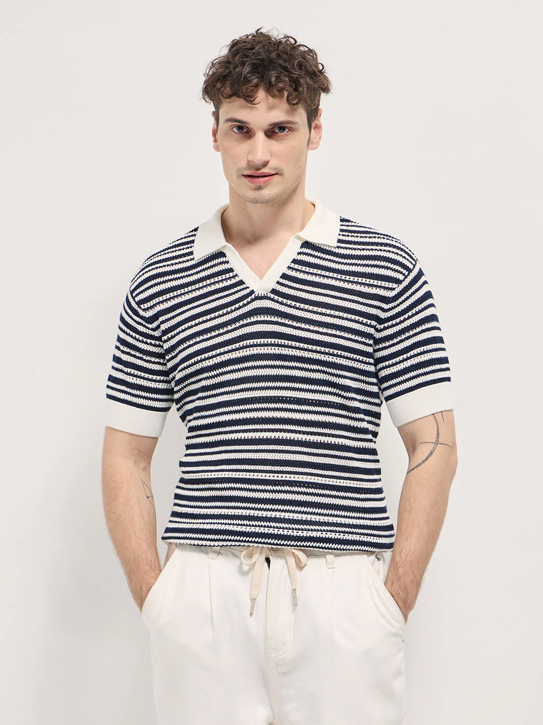 Men Navy & White Horizontal Striped Textured Knit Design Regular Fit Polo