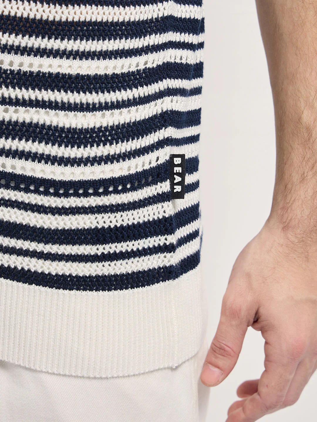 Men Navy & White Horizontal Striped Textured Knit Design Regular Fit Polo - Image 6