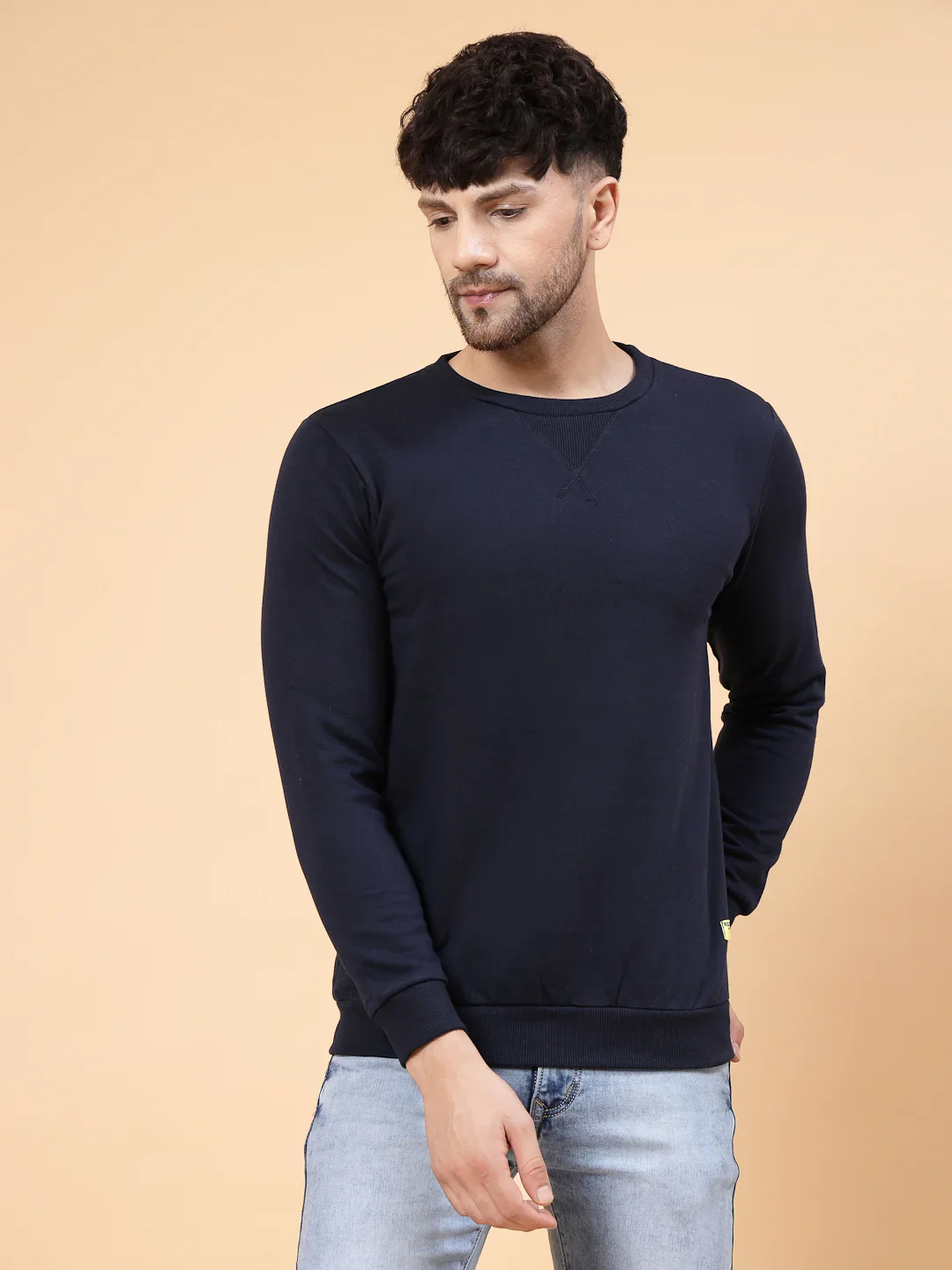 Men Neck Stitch Detail Basic Fleece Sweatshirt