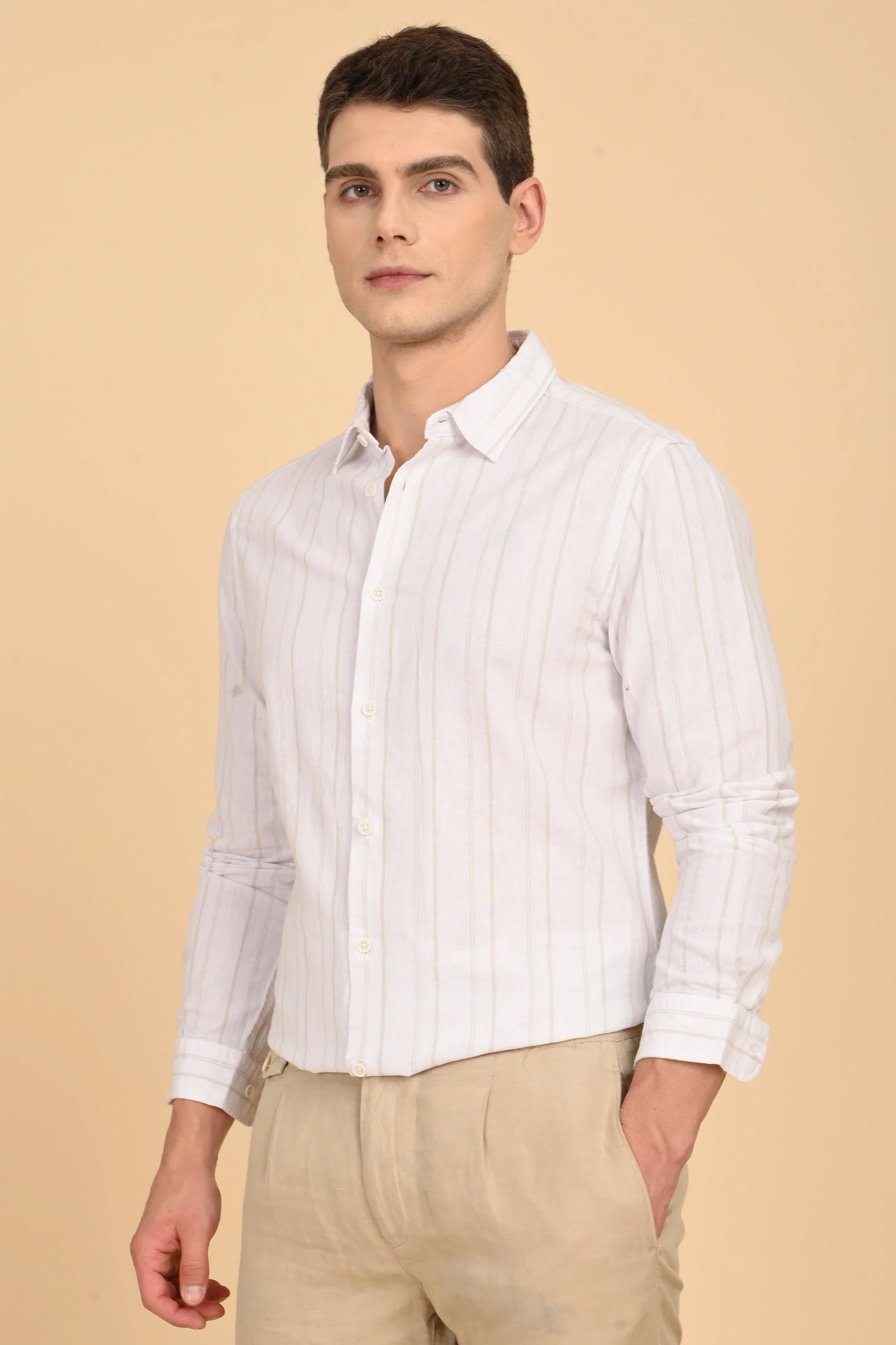 Men Newton White Cotton Linen Striped Shirt - Image 2