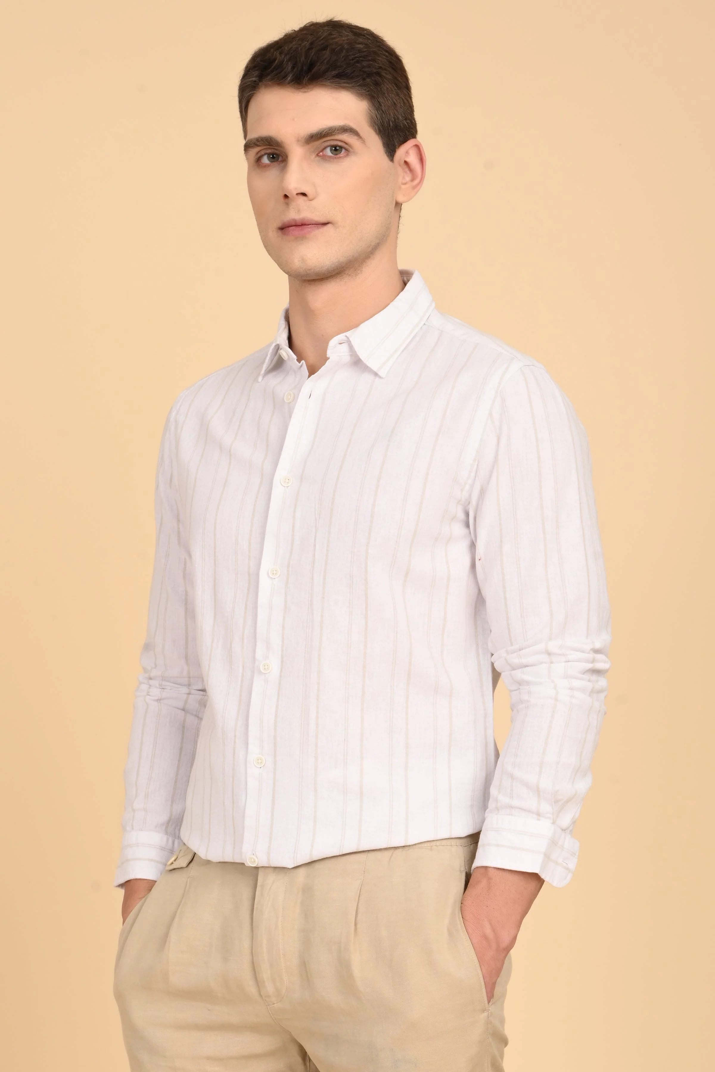 Men Newton White Cotton Linen Striped Shirt - Image 6