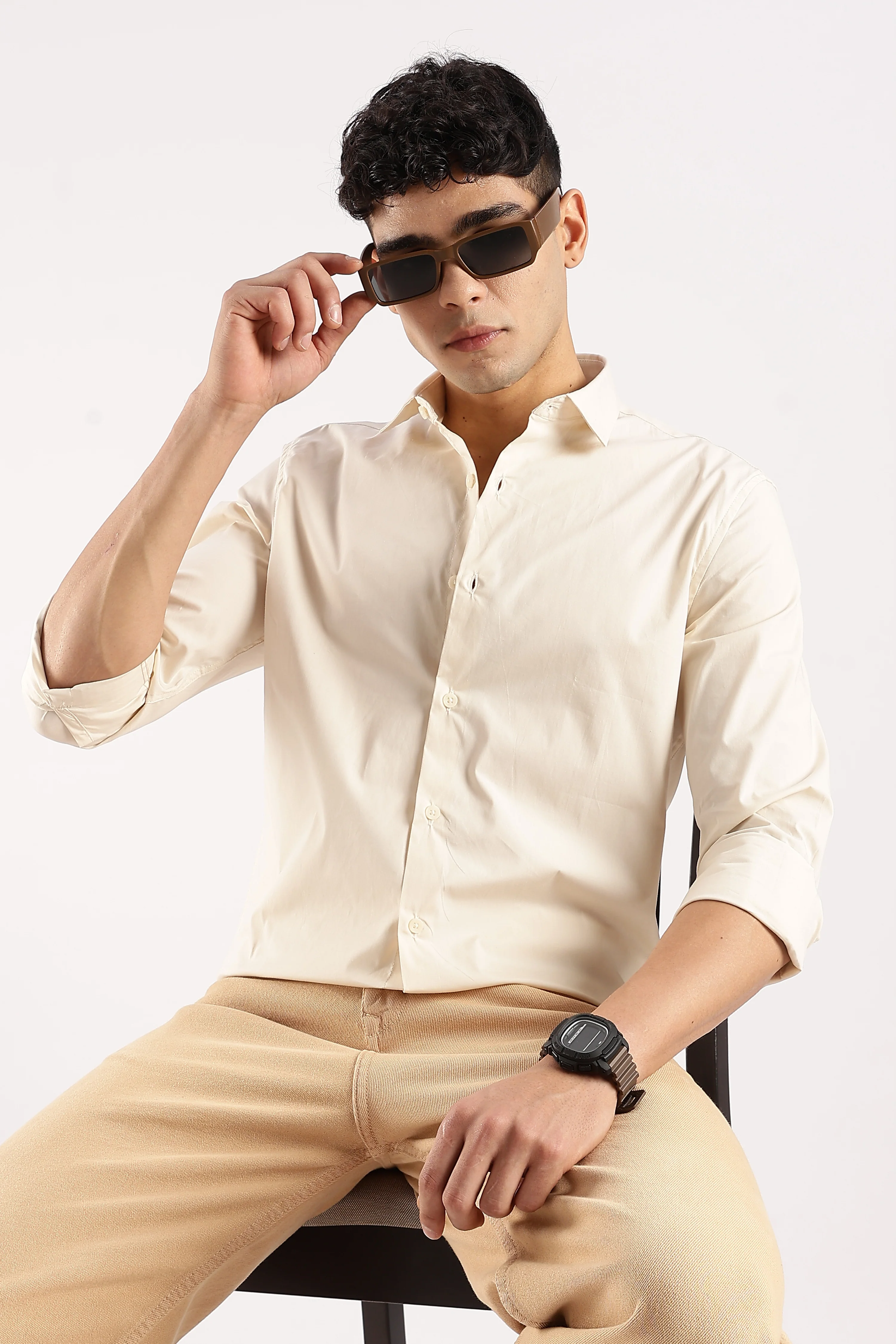 Men Off White Cotton Lycra Shirt - Image 2