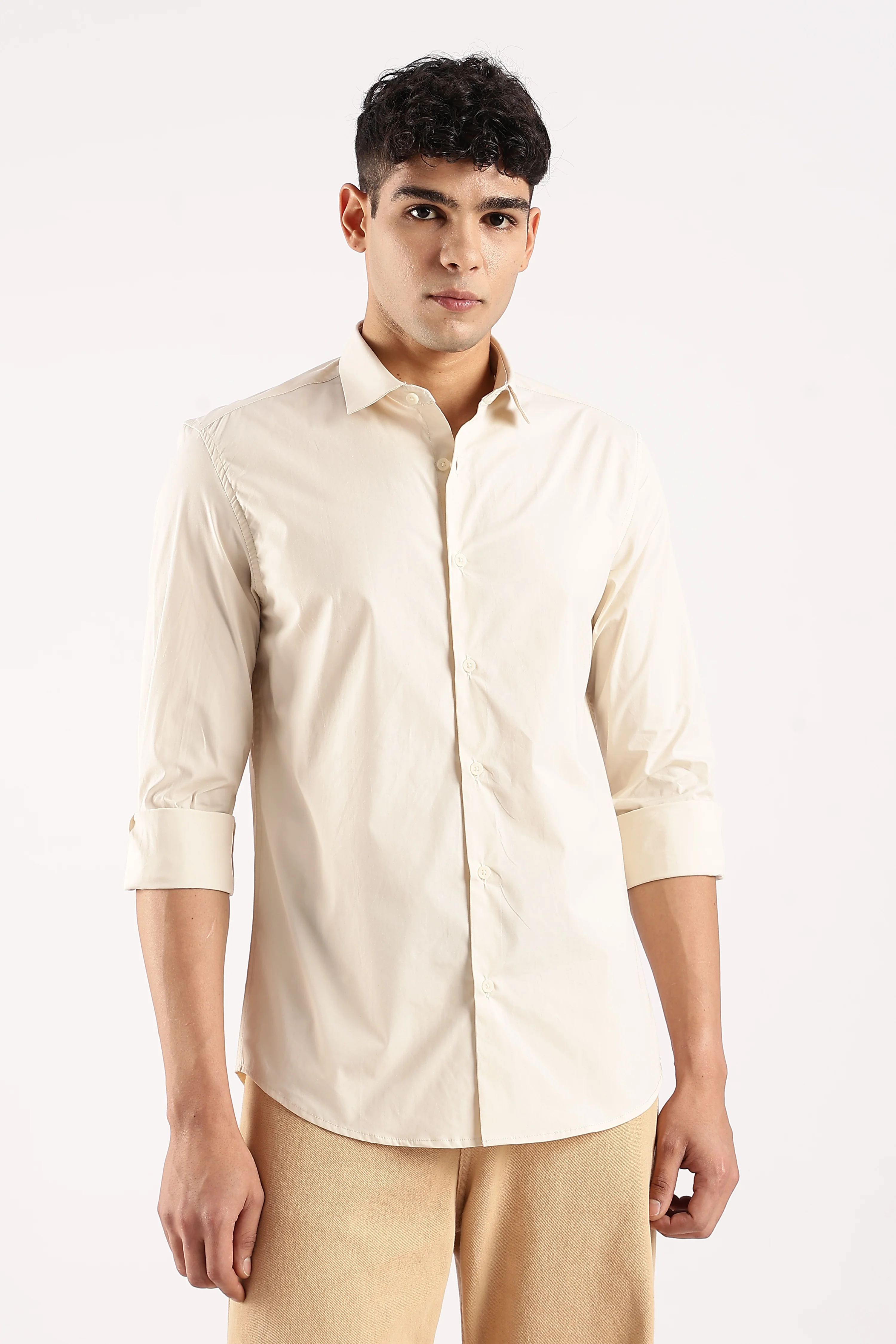 Men Off White Cotton Lycra Shirt - Image 3