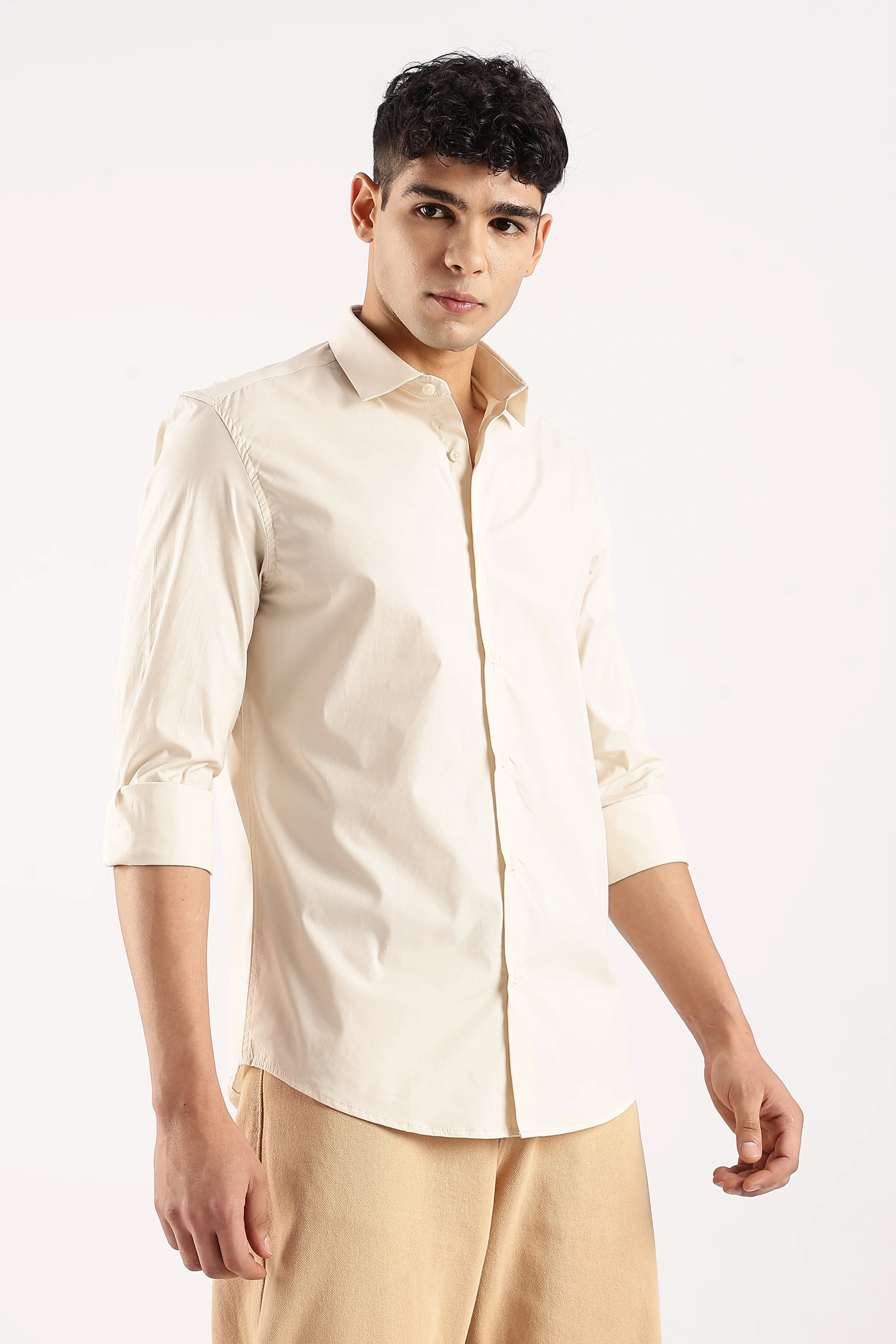 Men Off White Cotton Lycra Shirt - Image 4
