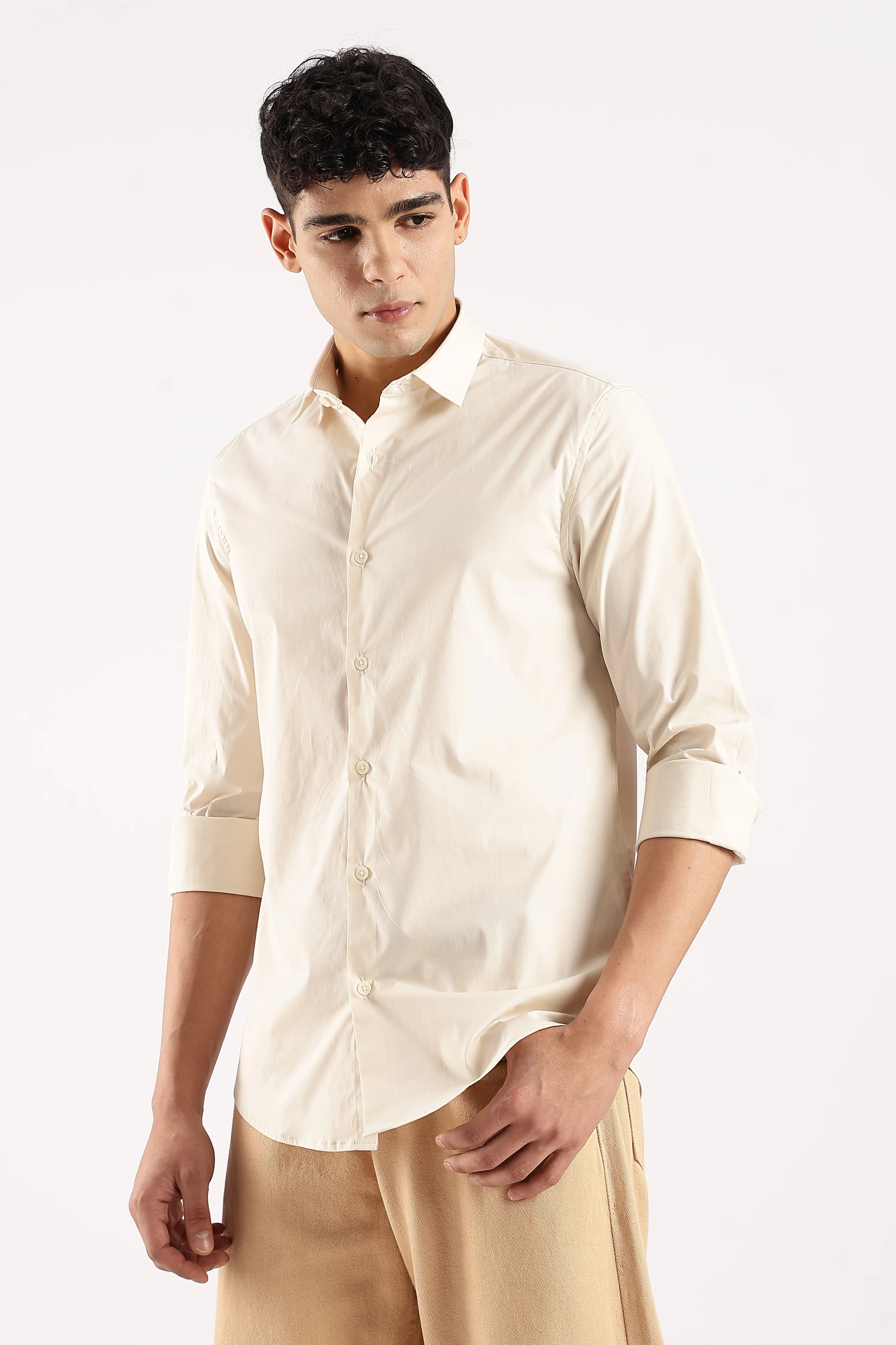 Men Off White Cotton Lycra Shirt - Image 6