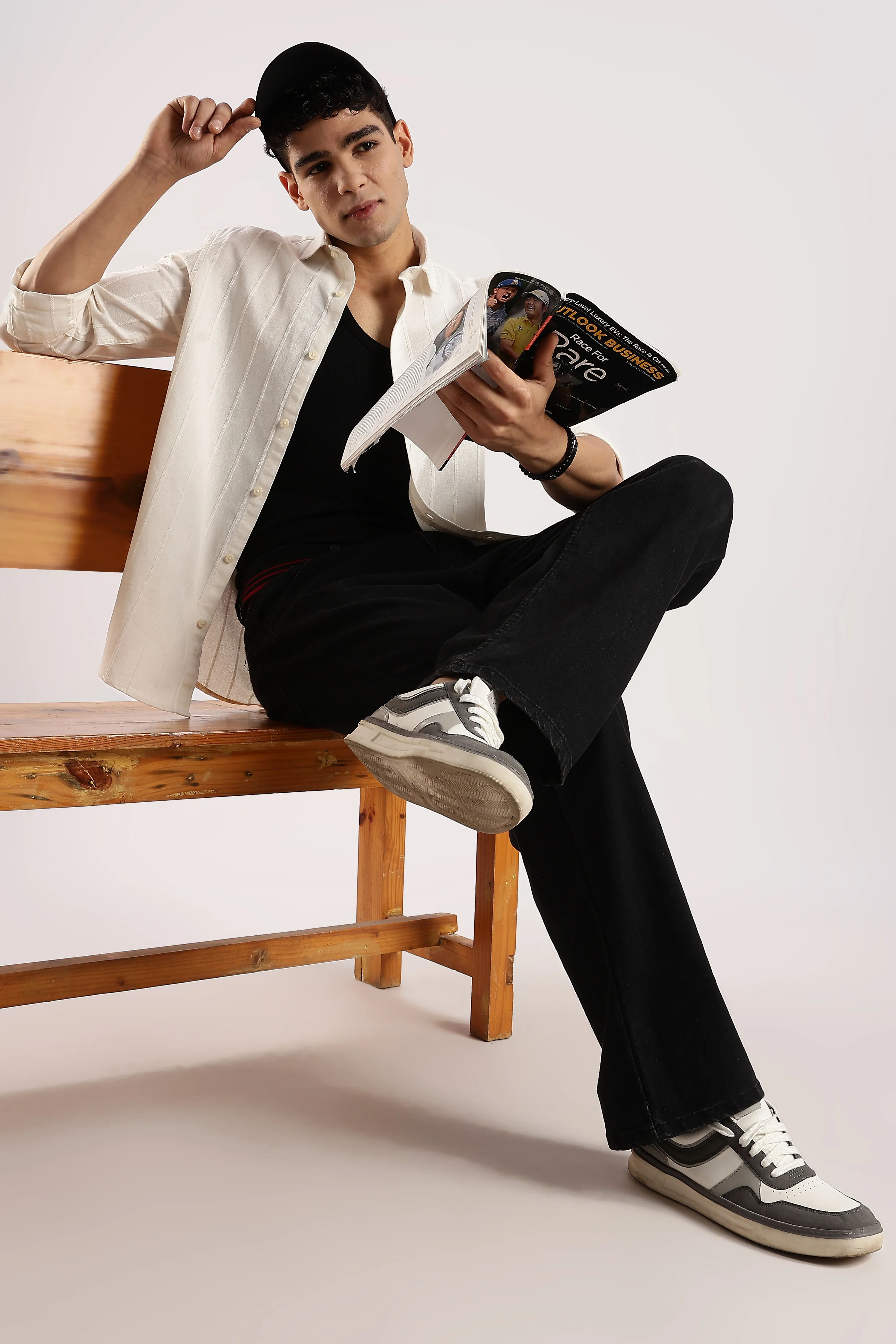 Men Off White Cotton Self-Striped Shirt - Image 10
