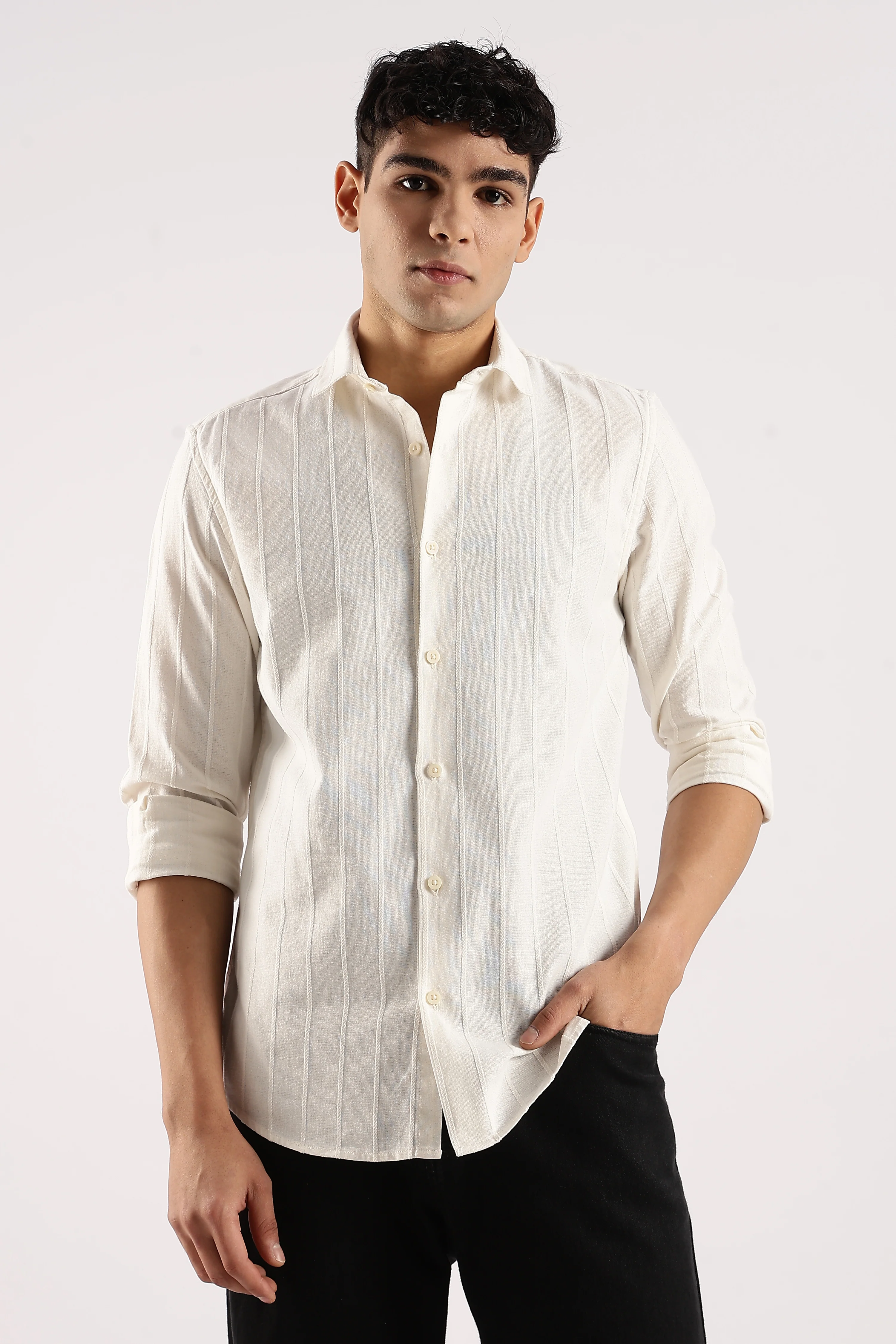 Men Off White Cotton Self-Striped Shirt - Image 2