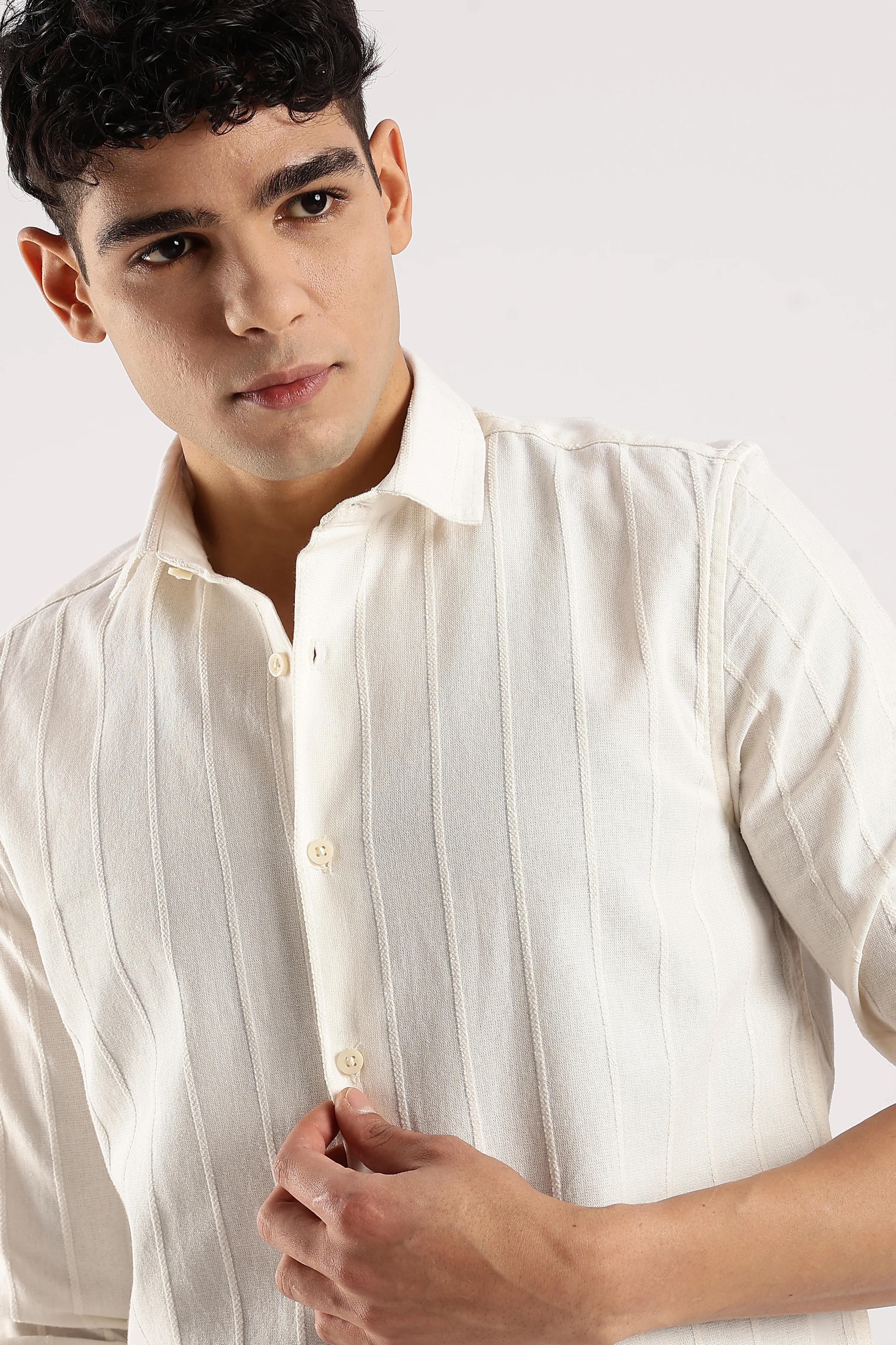 Men Off White Cotton Self-Striped Shirt - Image 3