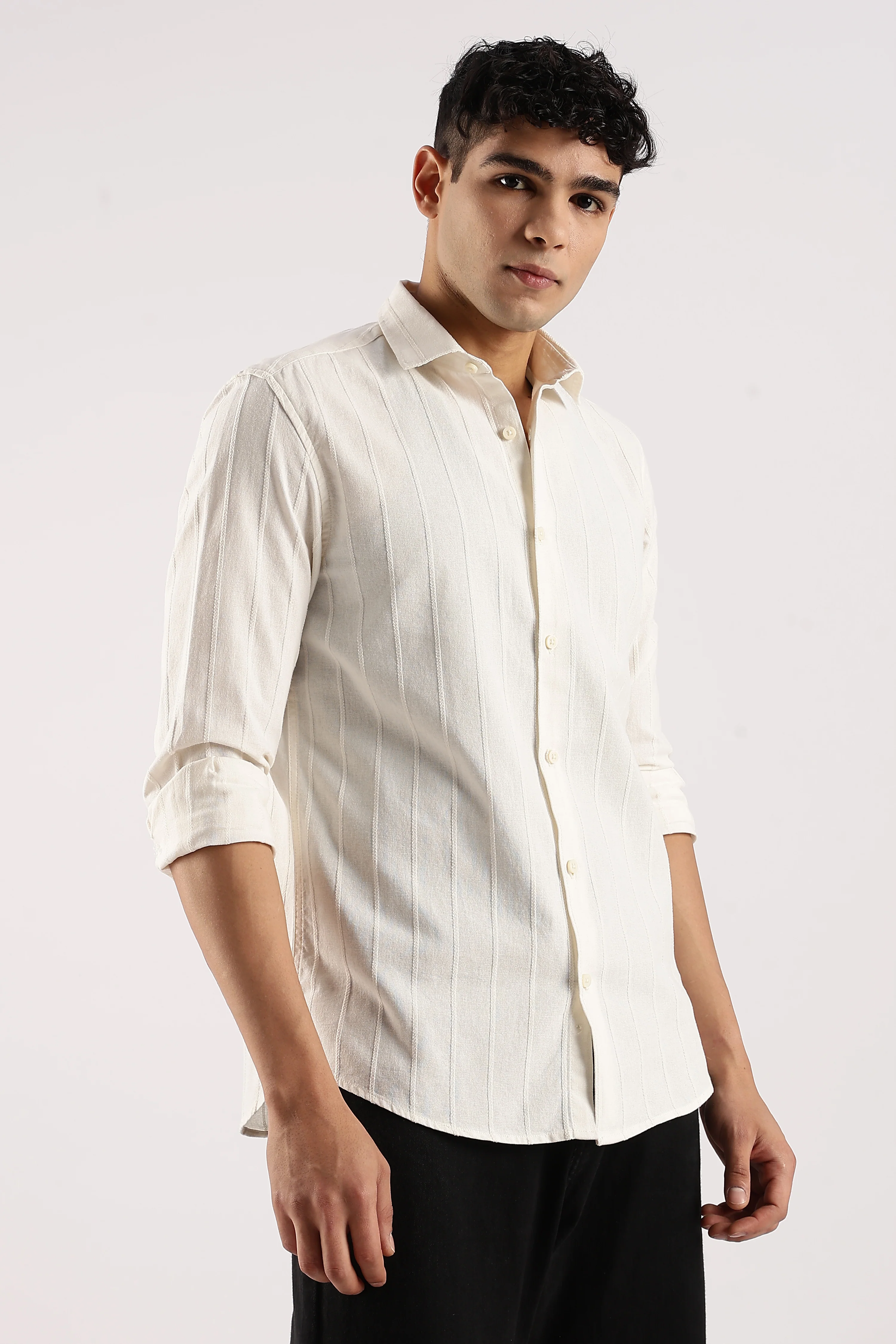 Men Off White Cotton Self-Striped Shirt - Image 4