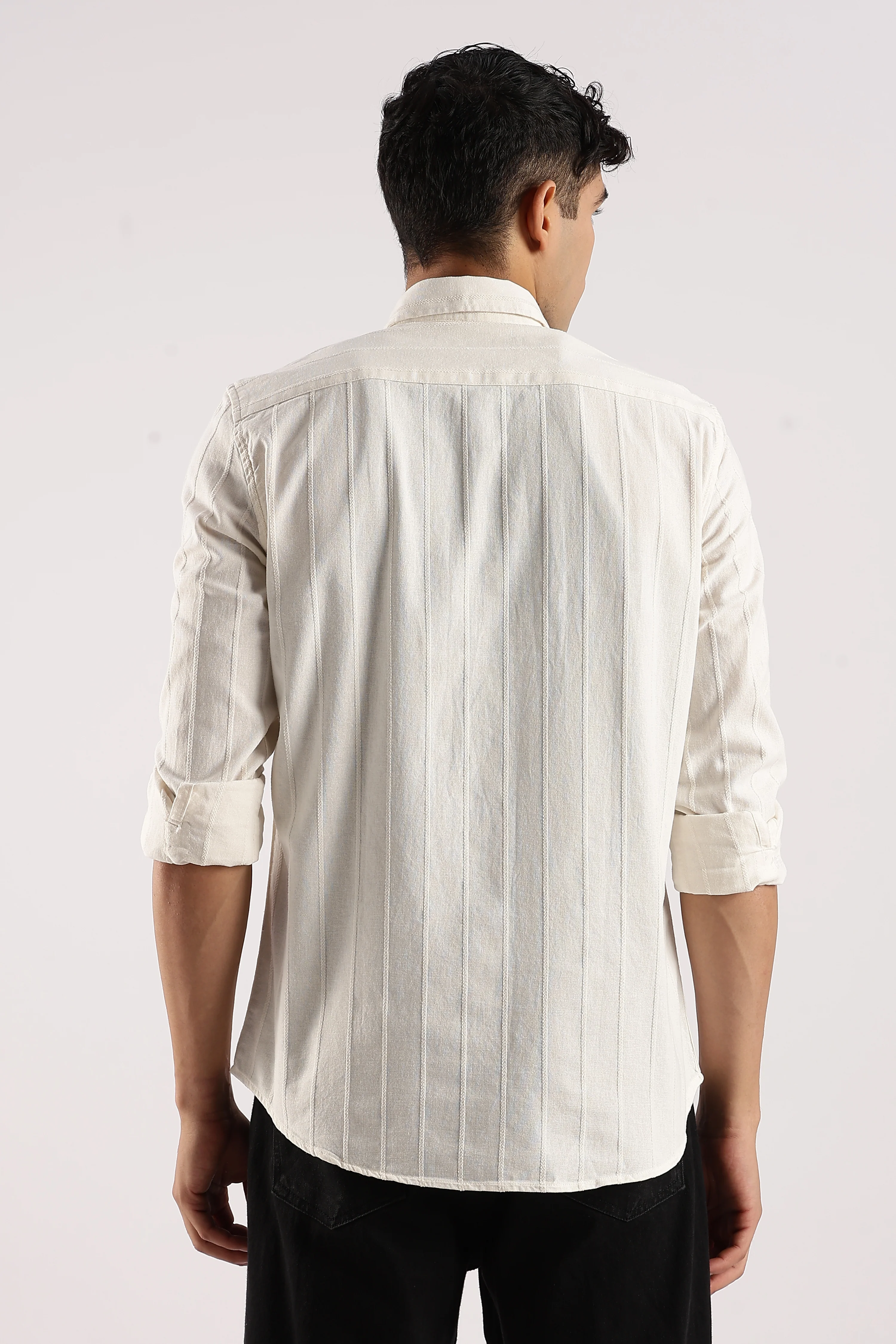 Men Off White Cotton Self-Striped Shirt - Image 5