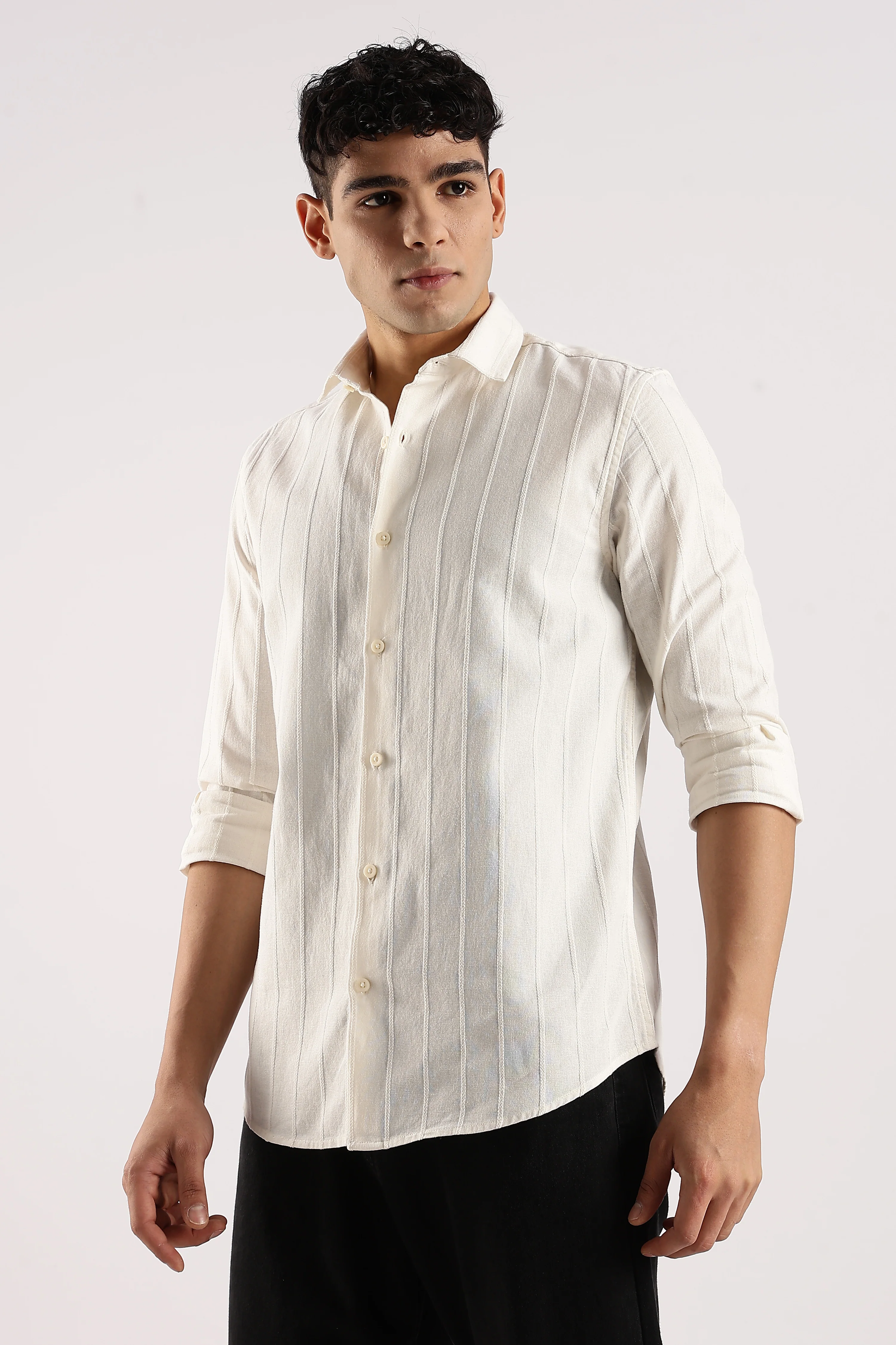 Men Off White Cotton Self-Striped Shirt - Image 6