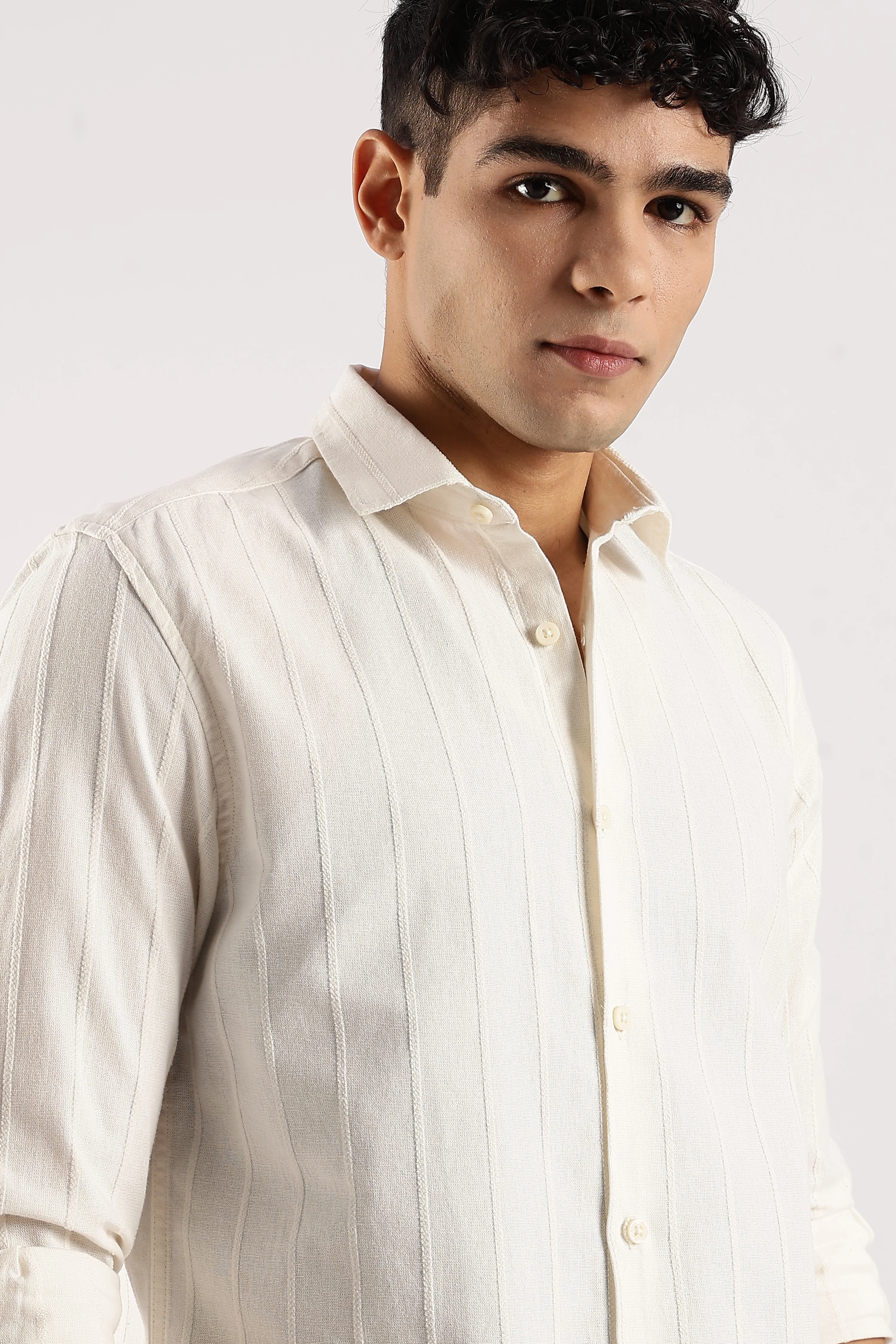 Men Off White Cotton Self-Striped Shirt - Image 7