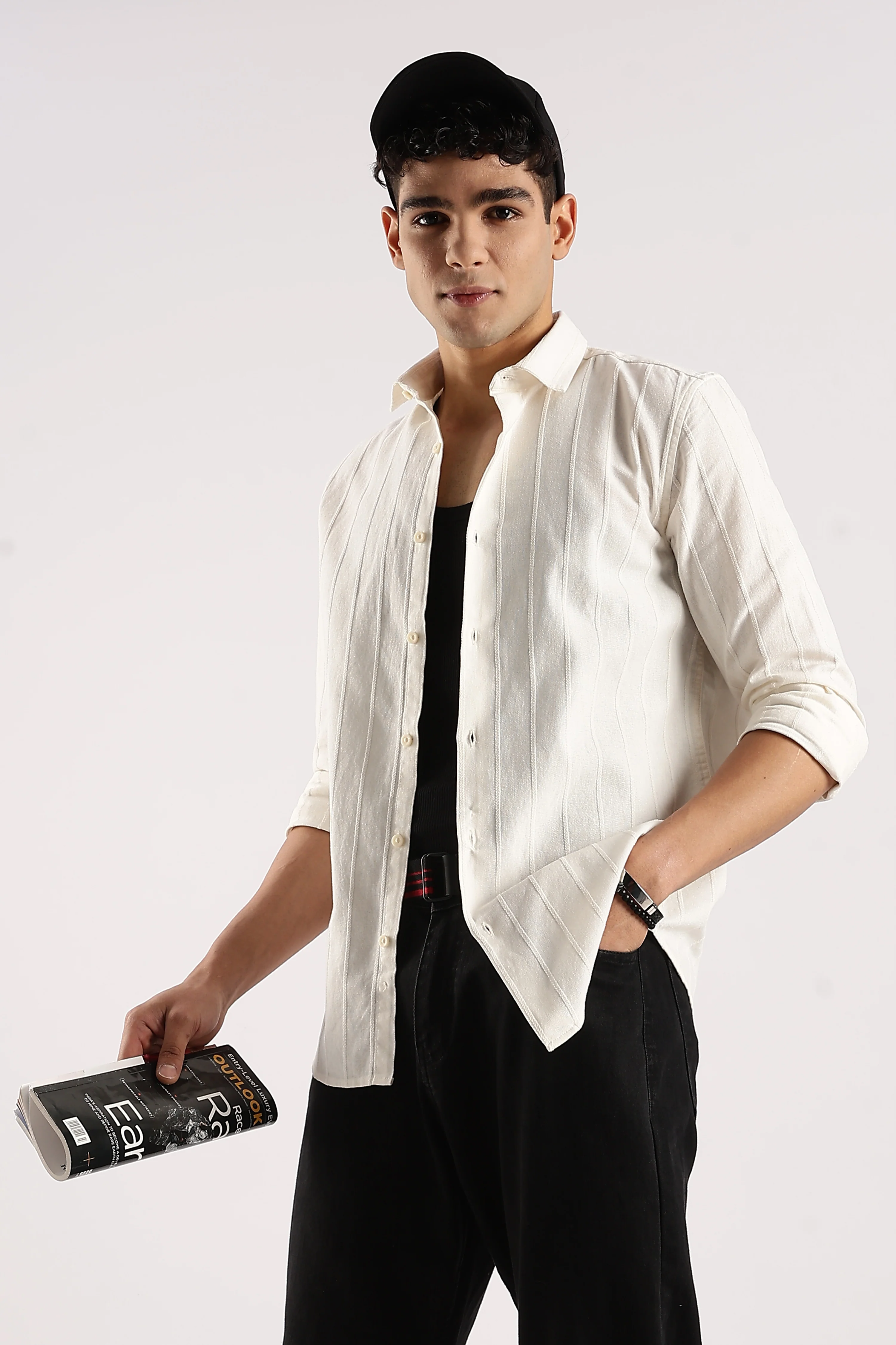 Men Off White Cotton Self-Striped Shirt - Image 8