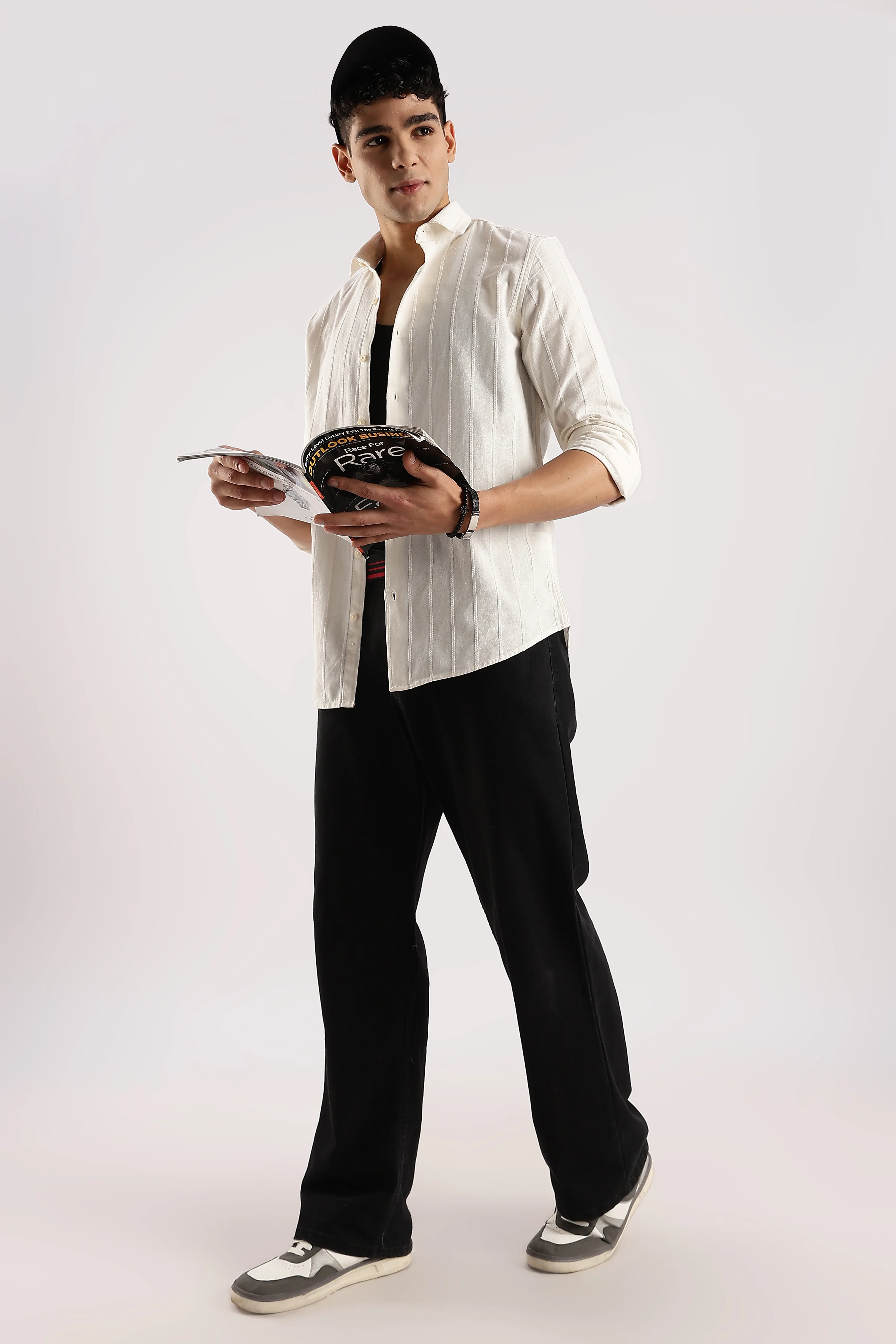 Men Off White Cotton Self-Striped Shirt - Image 9