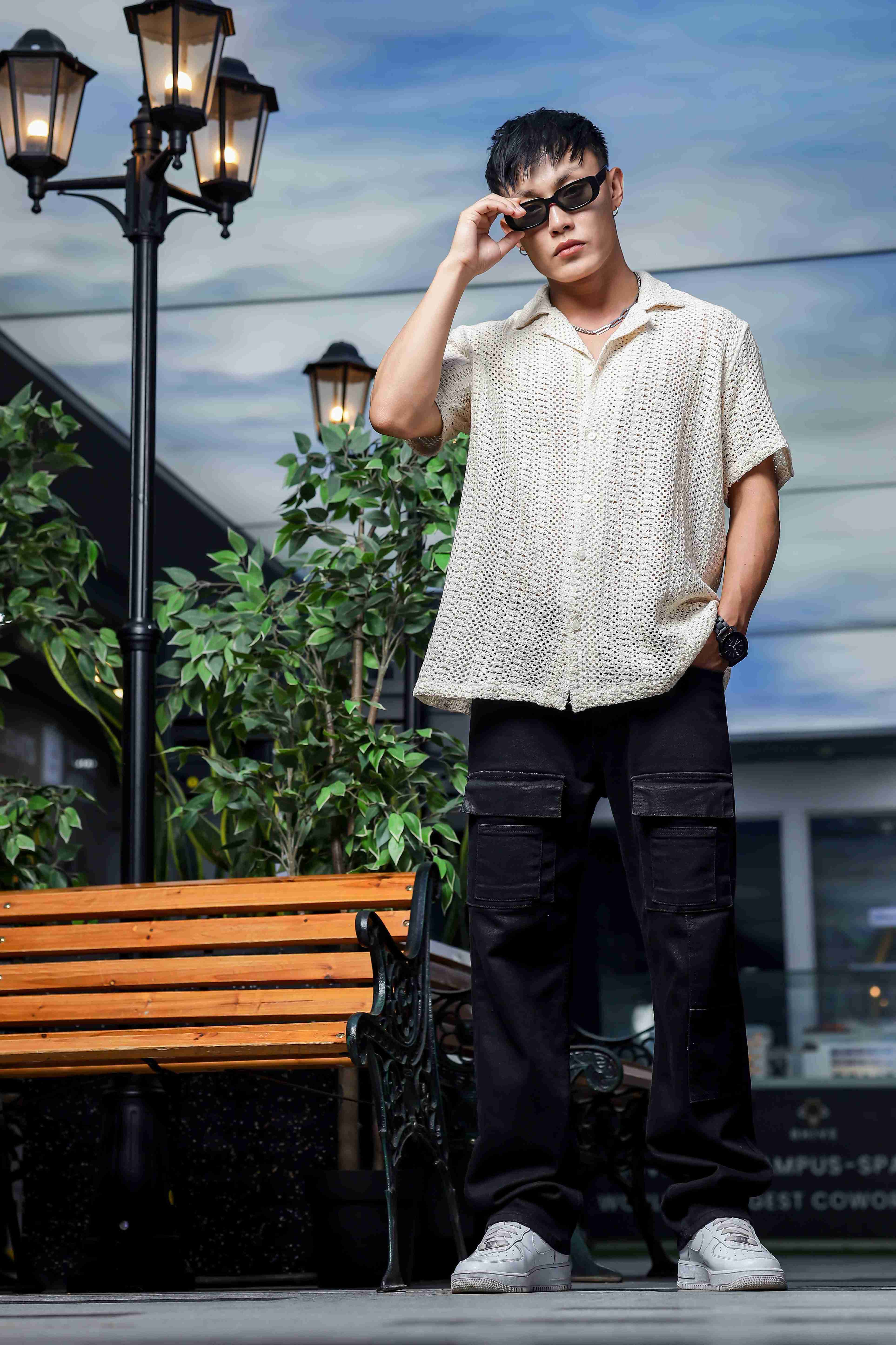 Men Off White Crochet Shirt